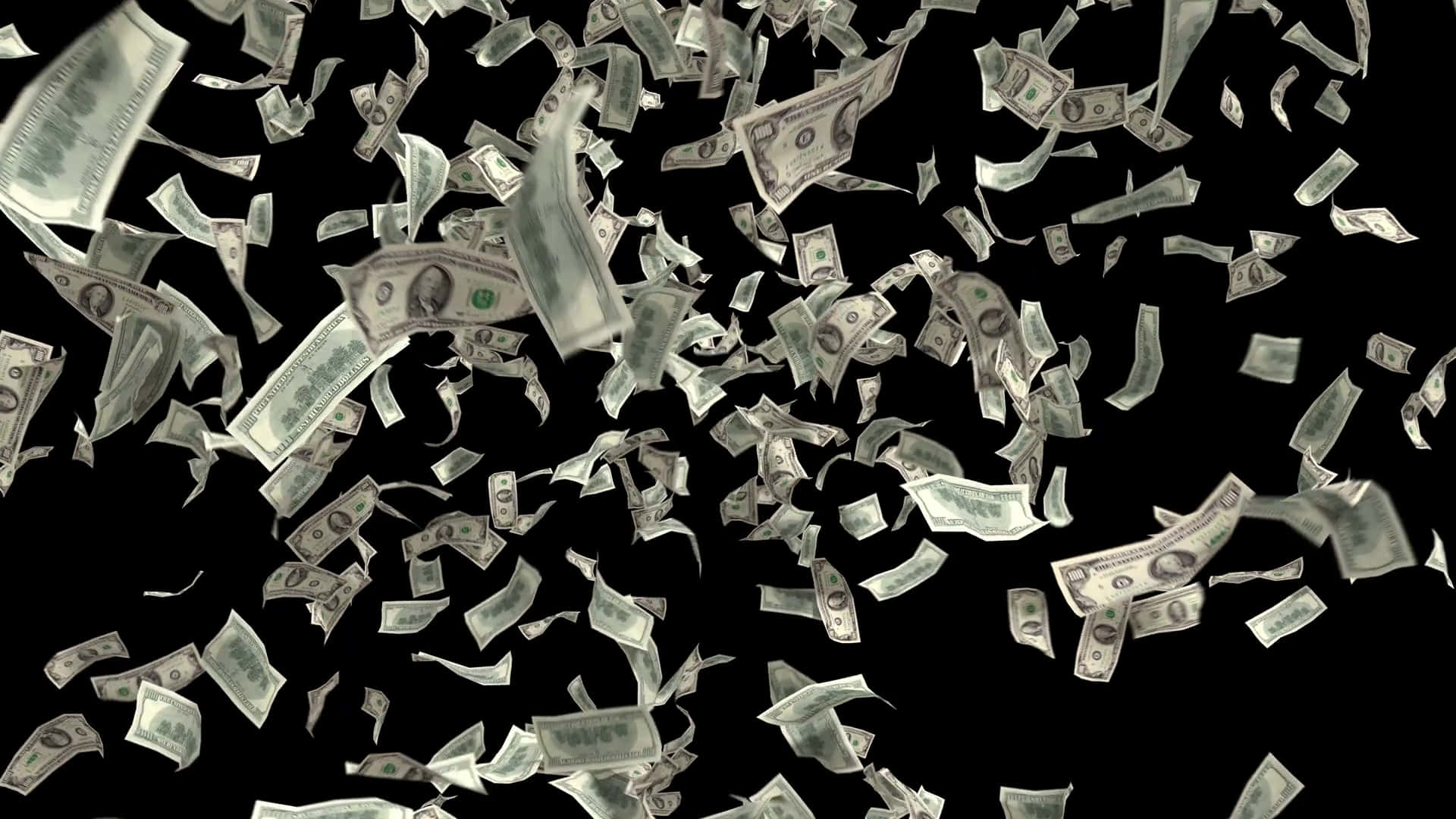 Falling Money 桌布 壁紙 — 美元鈔票在強烈的黑色背景前從空中飄落，營造出突然致富的動態感覺。