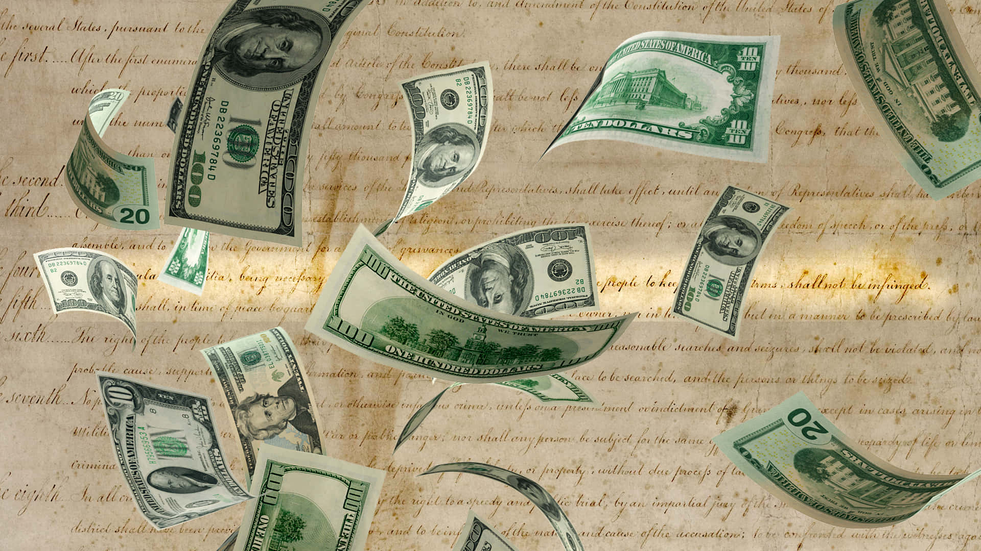 Money Falling 桌布 壁紙 — 美元鈔票在溫暖的金色光線中飄揚在帶有手寫憲法文字的舊羊皮紙上。