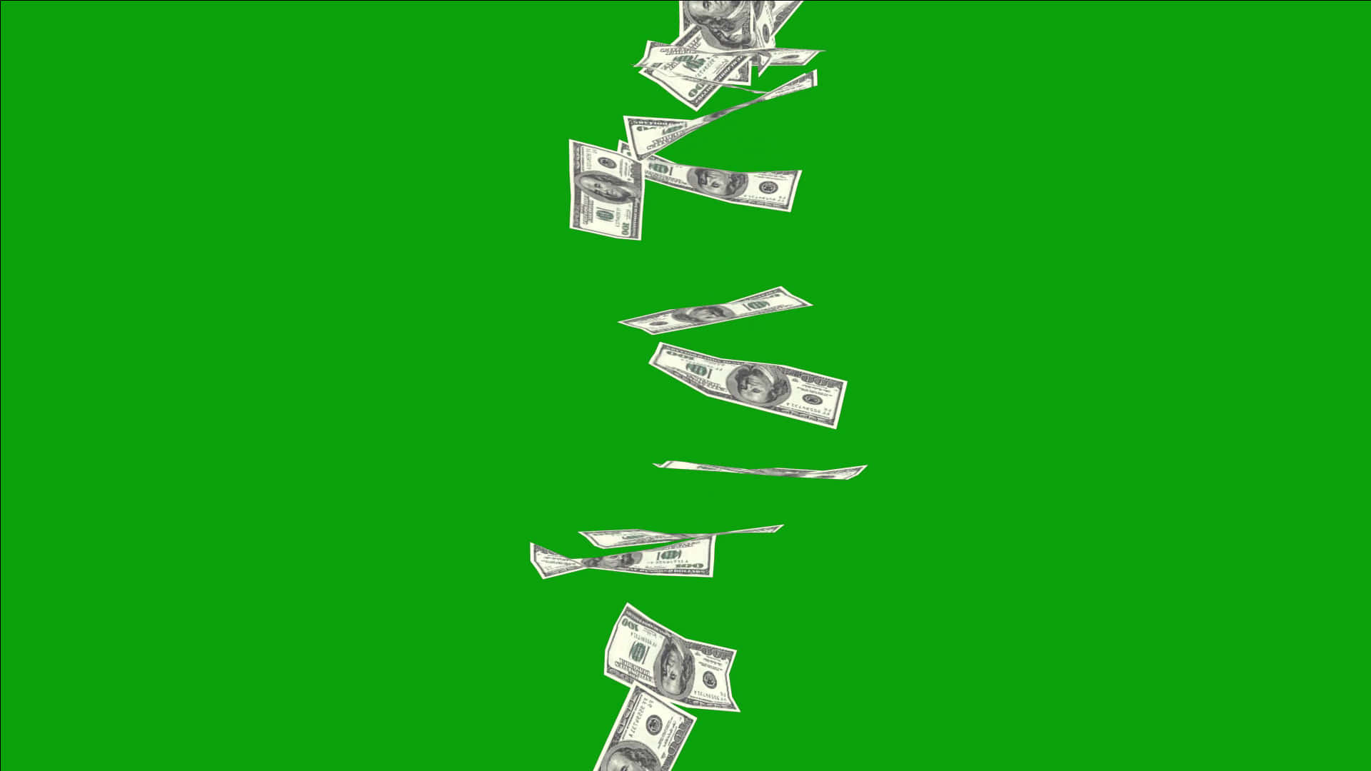 Money Falling 桌布 壁紙 — 美元鈔票在純綠色螢幕背景上對角線層疊。