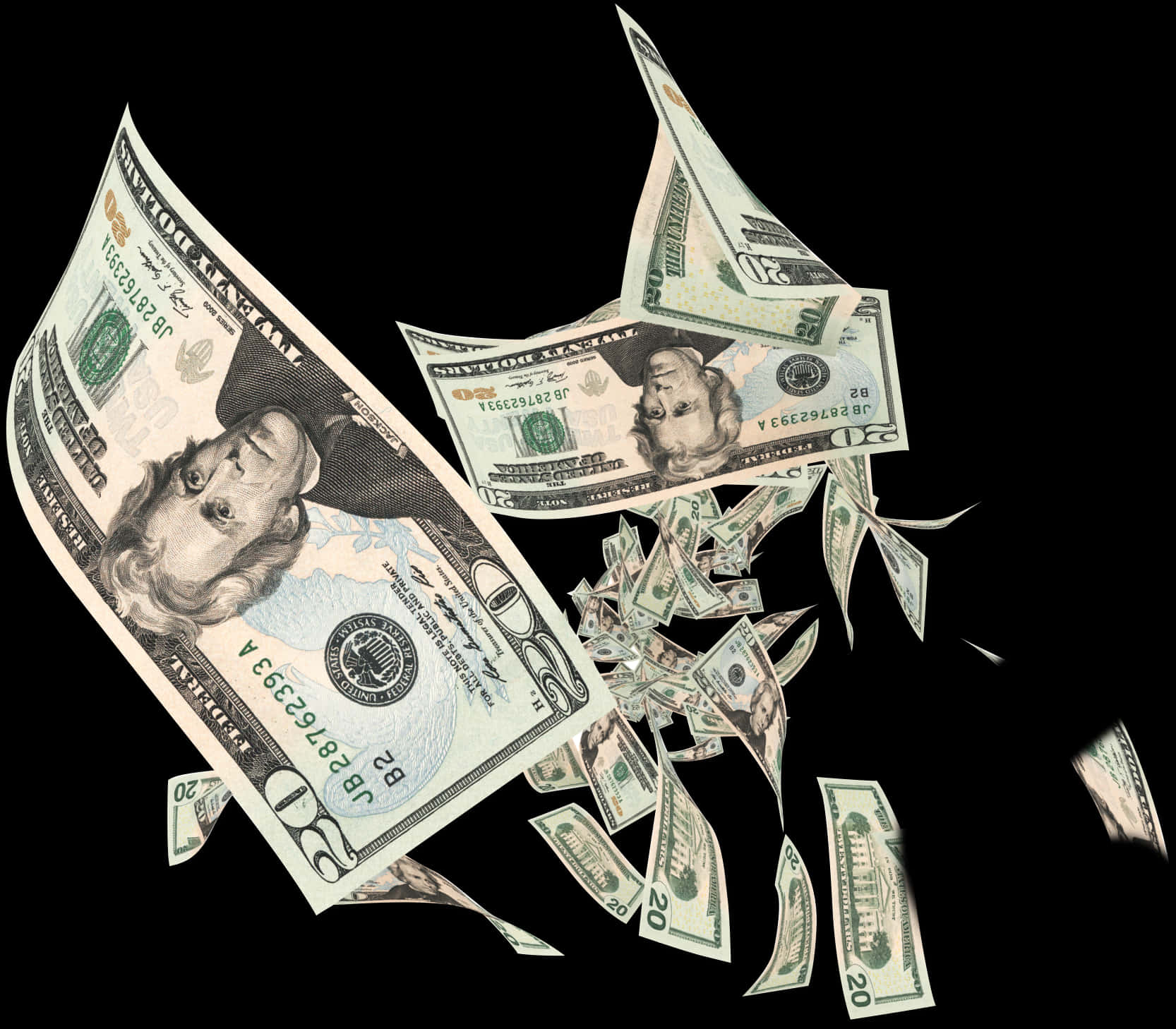 Money Falling 桌布 壁紙 — 美元鈔票在純黑背景上動態地層疊落下，捕捉空中流動的動感與財富。