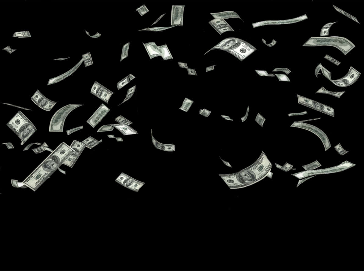 Money Falling 桌布 壁紙 — 美元鈔票在純黑背景上如瀑布般傾瀉而下，形成動態的現金瀑布。