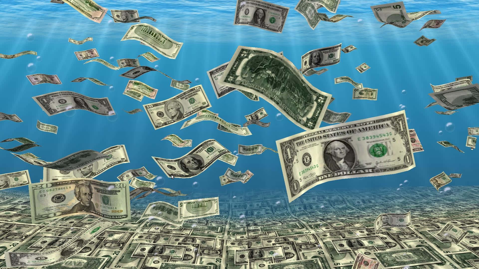 Money 桌布 壁紙 — 美元鈔票在陽光照耀的藍色海洋中漂浮，海底有城市景觀。
