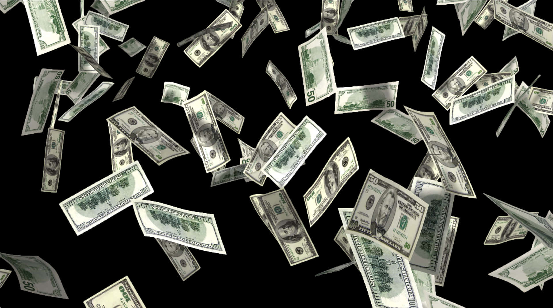 Money Falling 桌布 壁紙 — 美元鈔票在黑色背景上如瀑布般傾瀉而下，形成綠色和白色貨幣的動態景象。