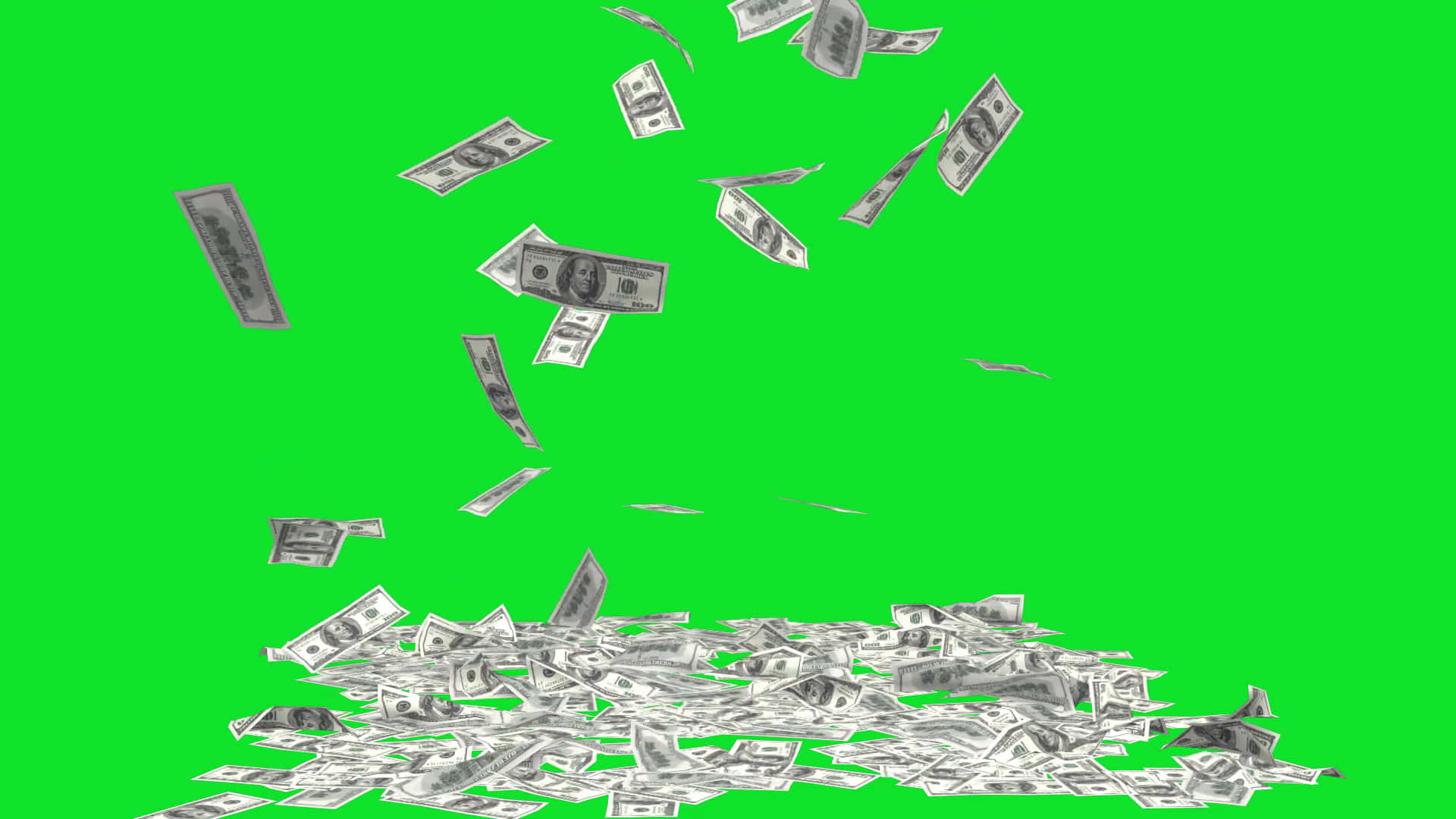 Money Falling 桌布 壁紙 — 美元鈔票如雨般落在純綠色螢幕背景上，下方堆積成一堆。