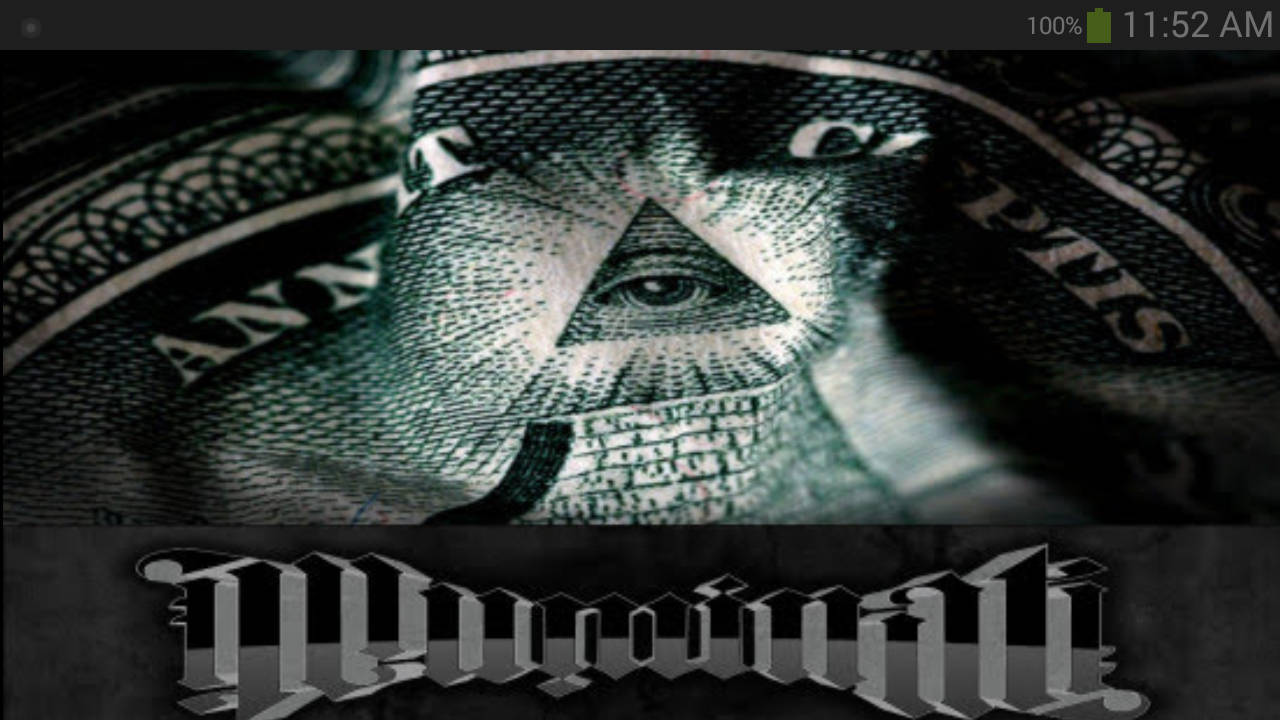 illuminati 桌布 壁紙 — 美元鈔票的特寫，上面有普羅維登斯之眼疊加在咧嘴笑的口和牙齒上。