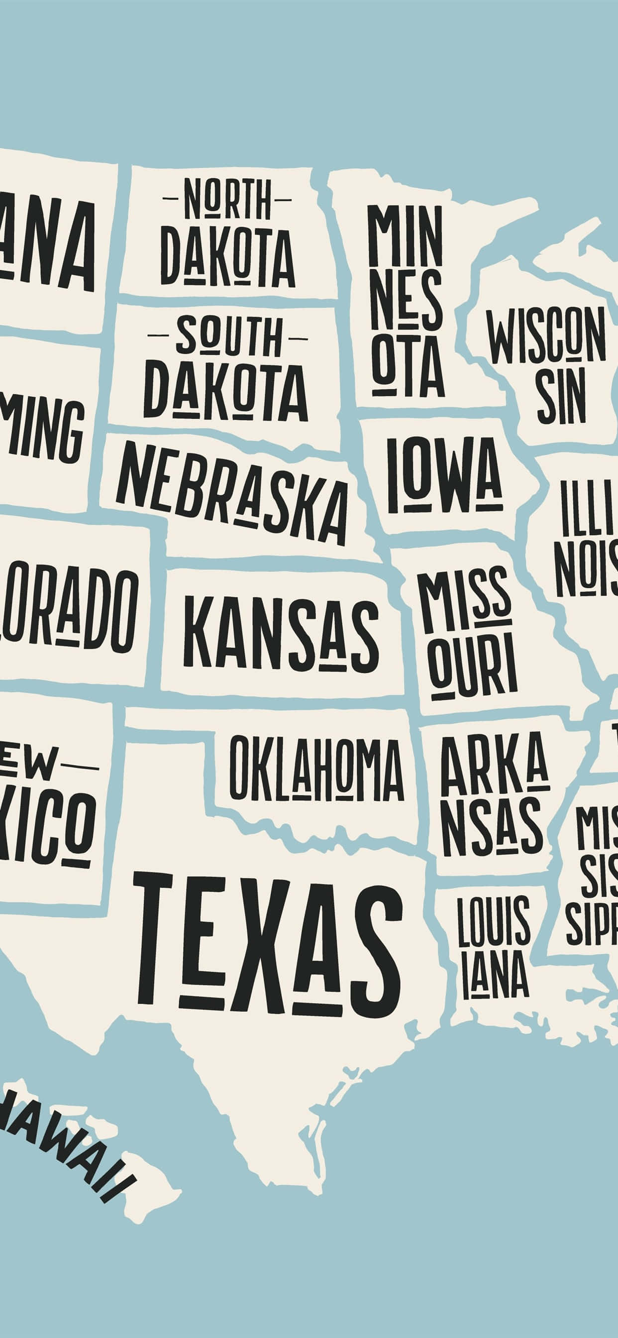 USA iPhone 桌布 壁紙 — 美國各州的風格化地圖，在奶油色形狀上使用粗體黑色字體，背景為柔和的藍色。
