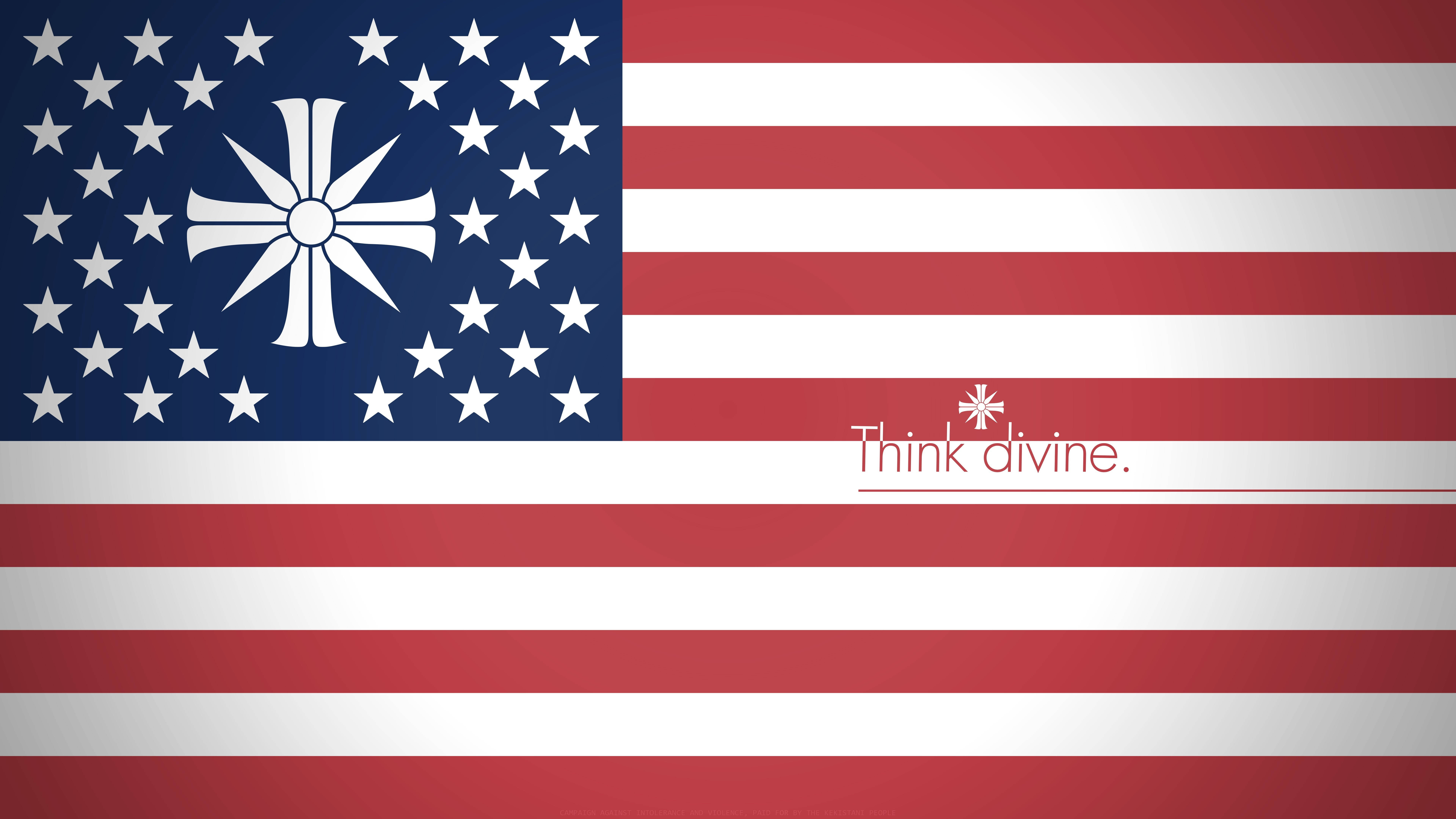 Flag 桌布 壁紙 — 美國國旗，白色星爆取代了聯盟，白色條紋上有紅色文字「Think divine」。
