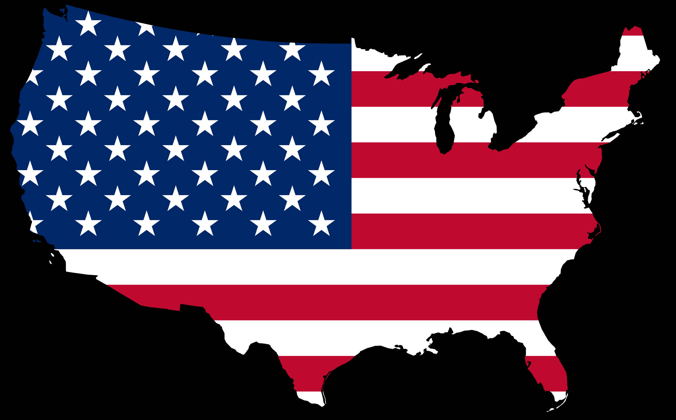 United States Map 桌布 壁紙 — 美國國旗以大膽的星星和條紋填充美國地圖的輪廓，背景為黑色。