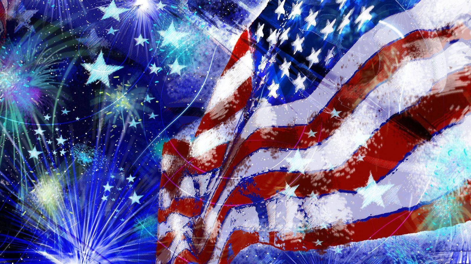 4th Of July 桌布 壁紙 — 美國國旗在充滿活力的煙火表演中動態飄揚，伴有發光的星星和電光藍色條紋。