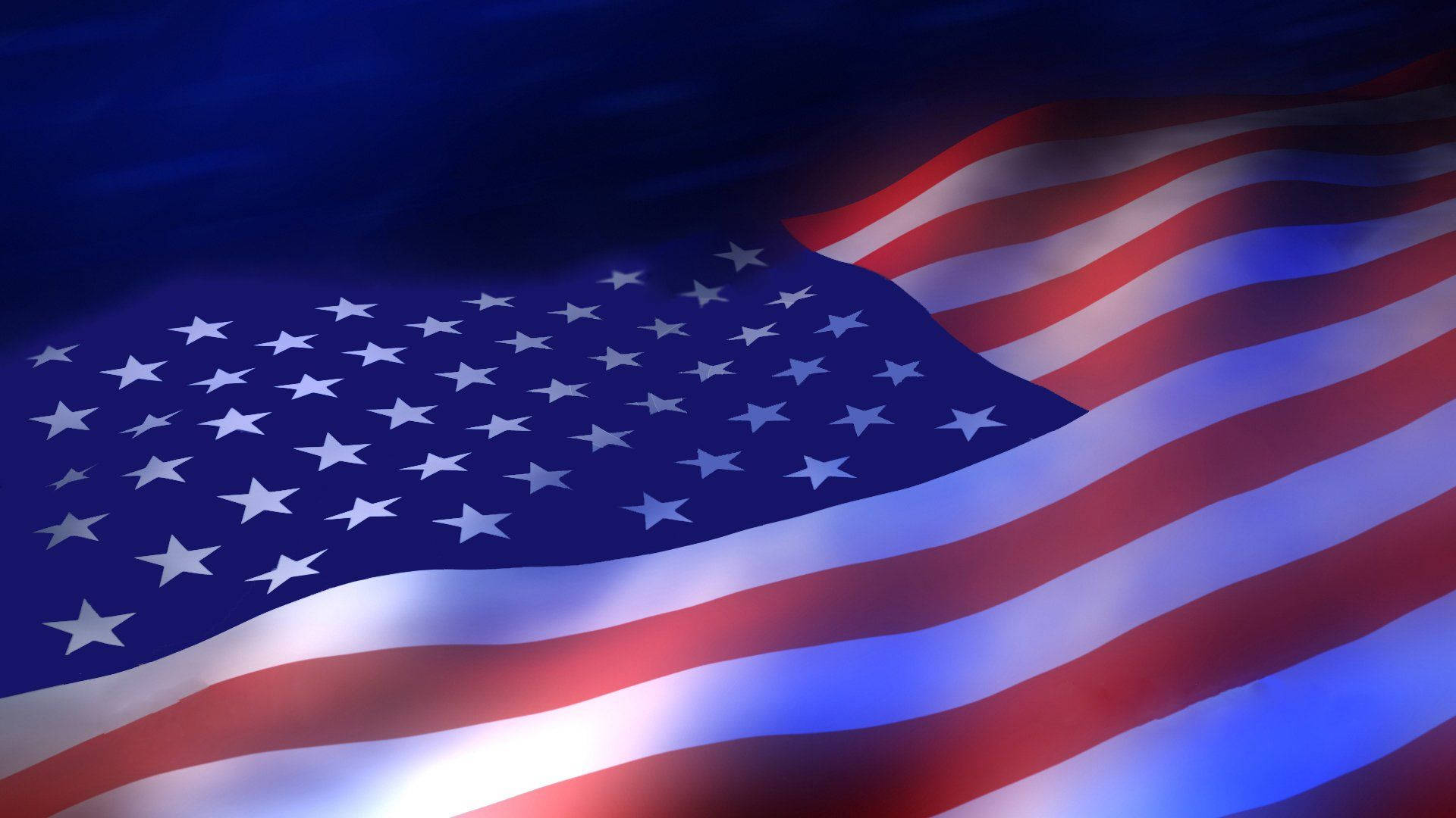Military American Flag 桌布 壁紙 — 美國國旗在戲劇性的藍色燈光下動態飄揚，帶有發光的紅白條紋和星域。