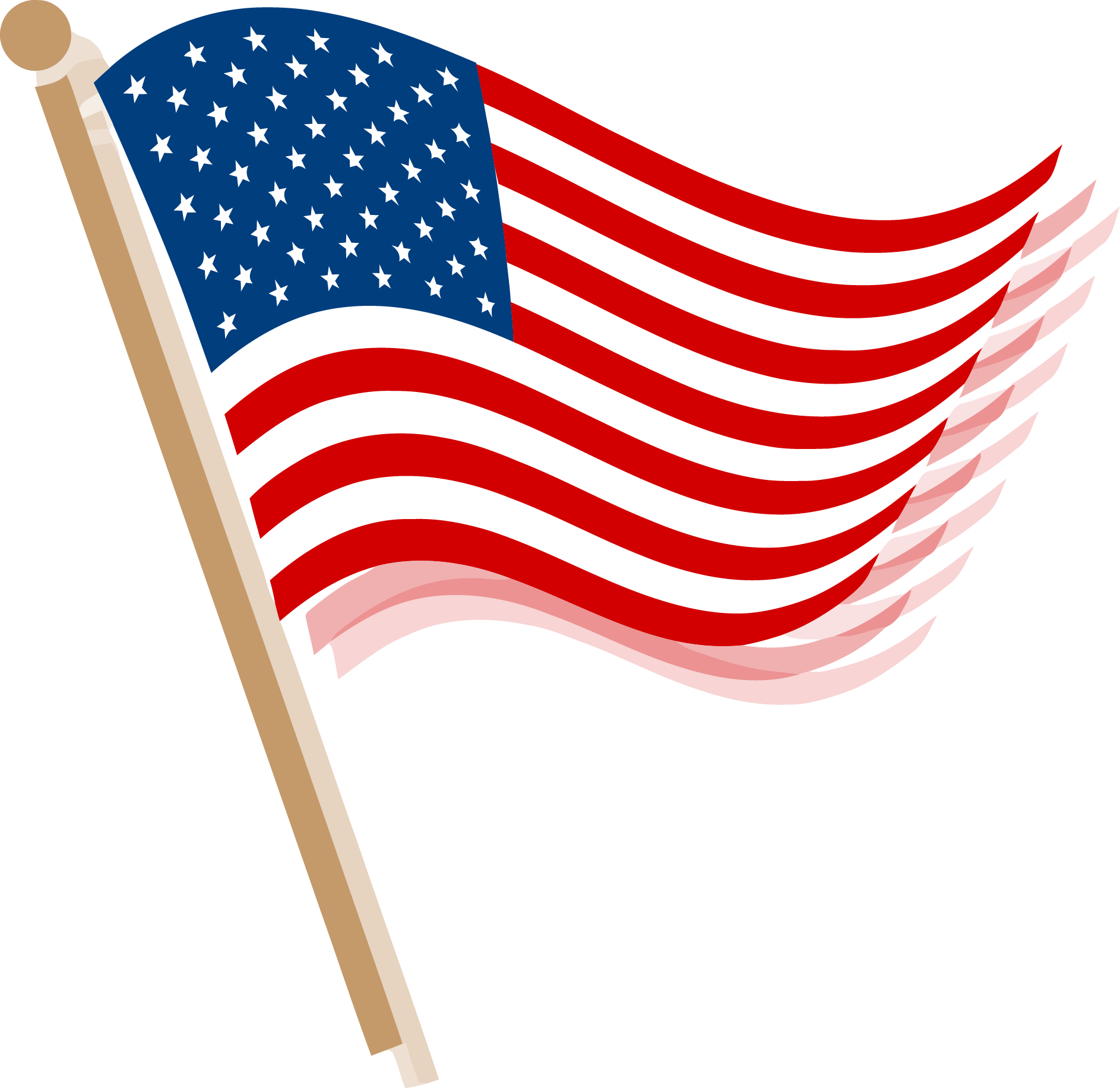 Memorial Day 桌布 壁紙 — 美國國旗在旗桿上動態飄揚，以鮮明的紅、白、藍色對比純白背景。