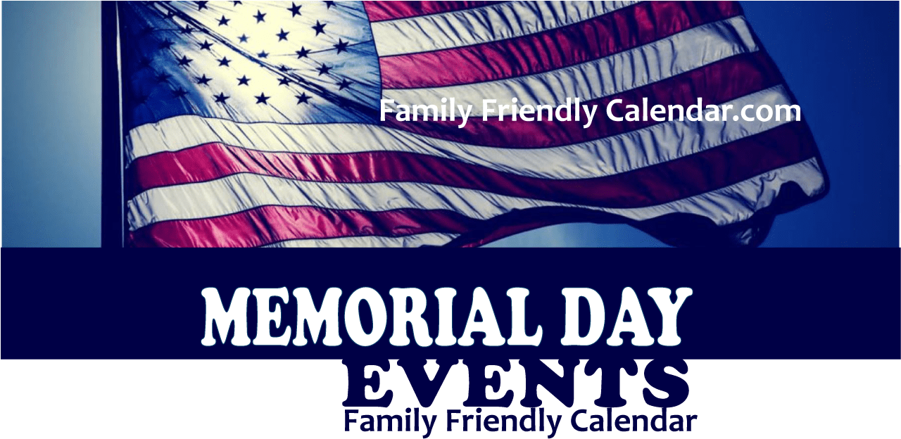 Memorial Day 桌布 壁紙 — 美國國旗在深藍色天空中飄揚，並以粗體白色文字宣佈陣亡將士紀念日活動。