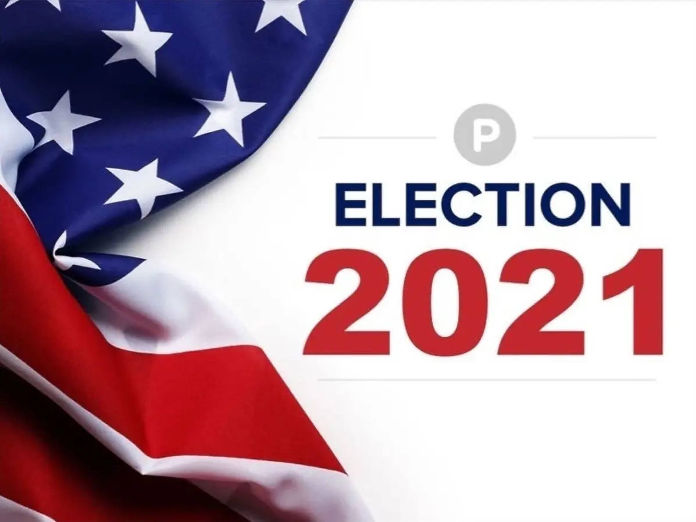 Election 桌布 壁紙 — 美國國旗在純白色背景上與宣佈2021年選舉的粗體紅色文字旁邊飄揚。