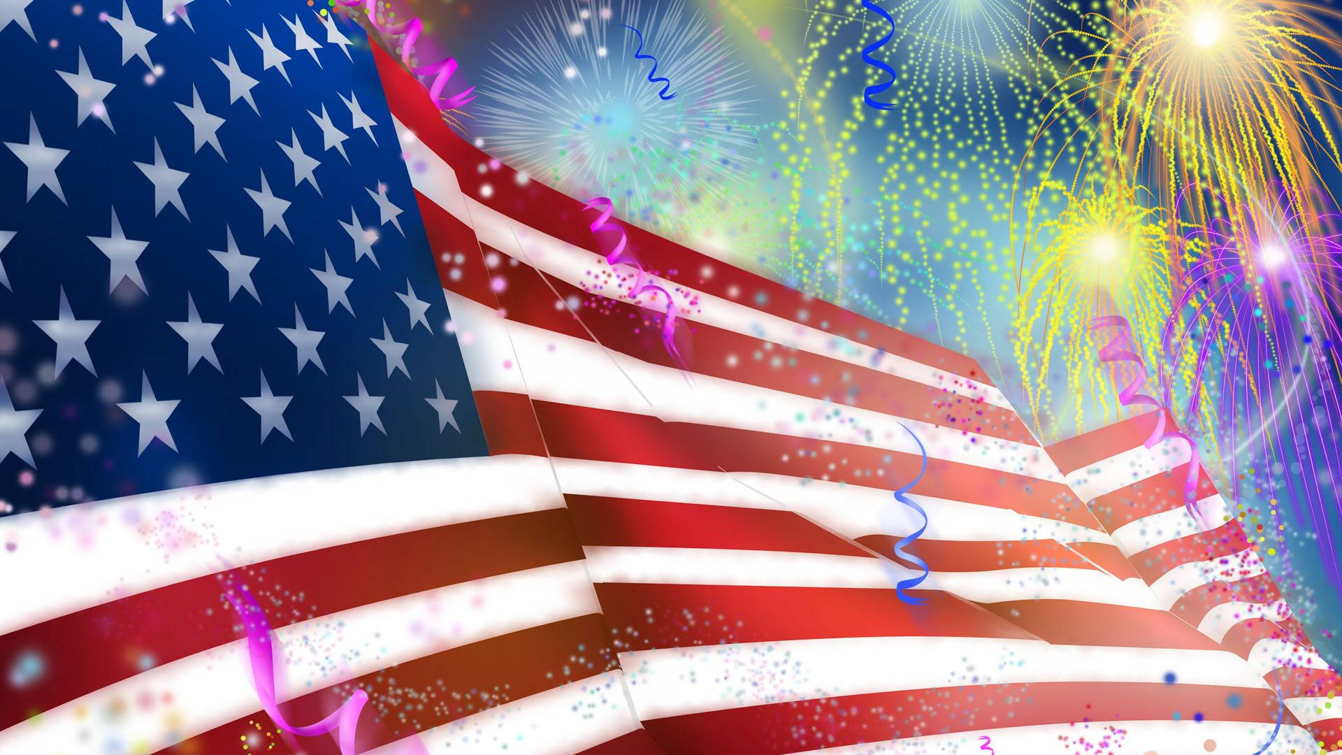 4th Of July 桌布 壁紙 — 美國國旗在色彩繽紛的煙火、五彩紙屑和彩帶中自豪地飄揚。
