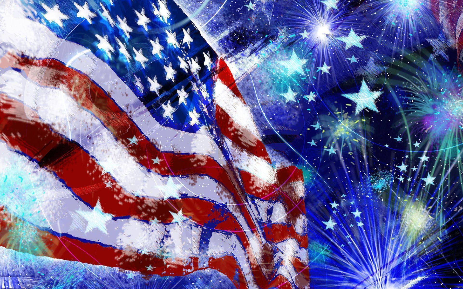 fourth of july 桌布 壁紙 — 美國國旗在藍色煙火和閃爍星星的宇宙背景下動態飄揚。