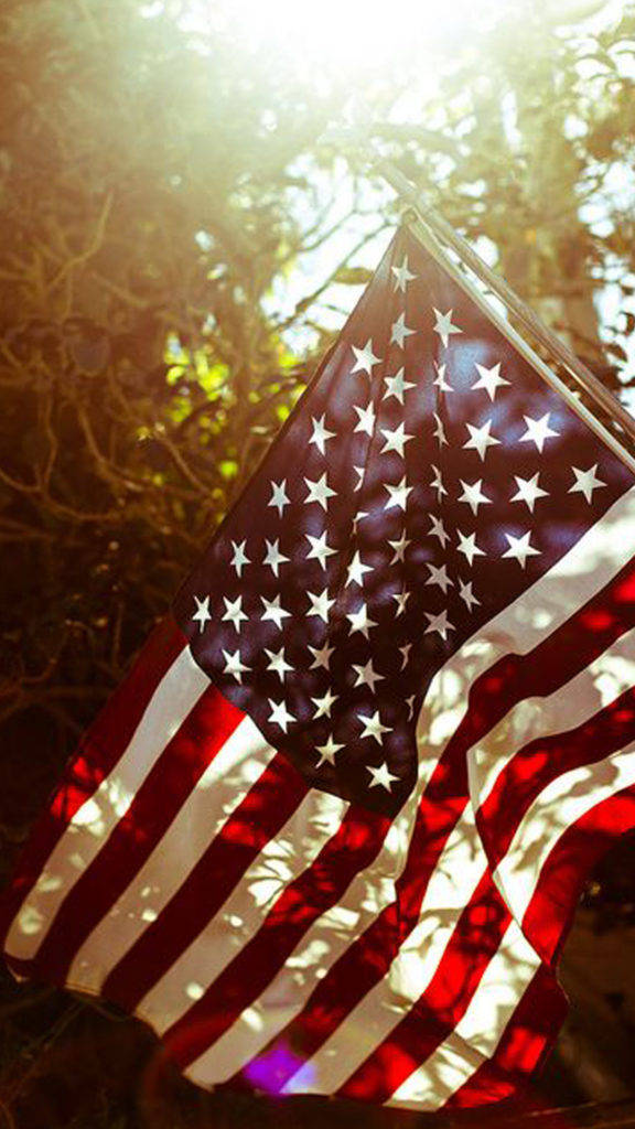 American Flag iPhone 桌布 壁紙 — 美國國旗在陽光普照的樹木間飄揚，金色逆光在紅、白、藍條紋上投下斑駁的陰影。