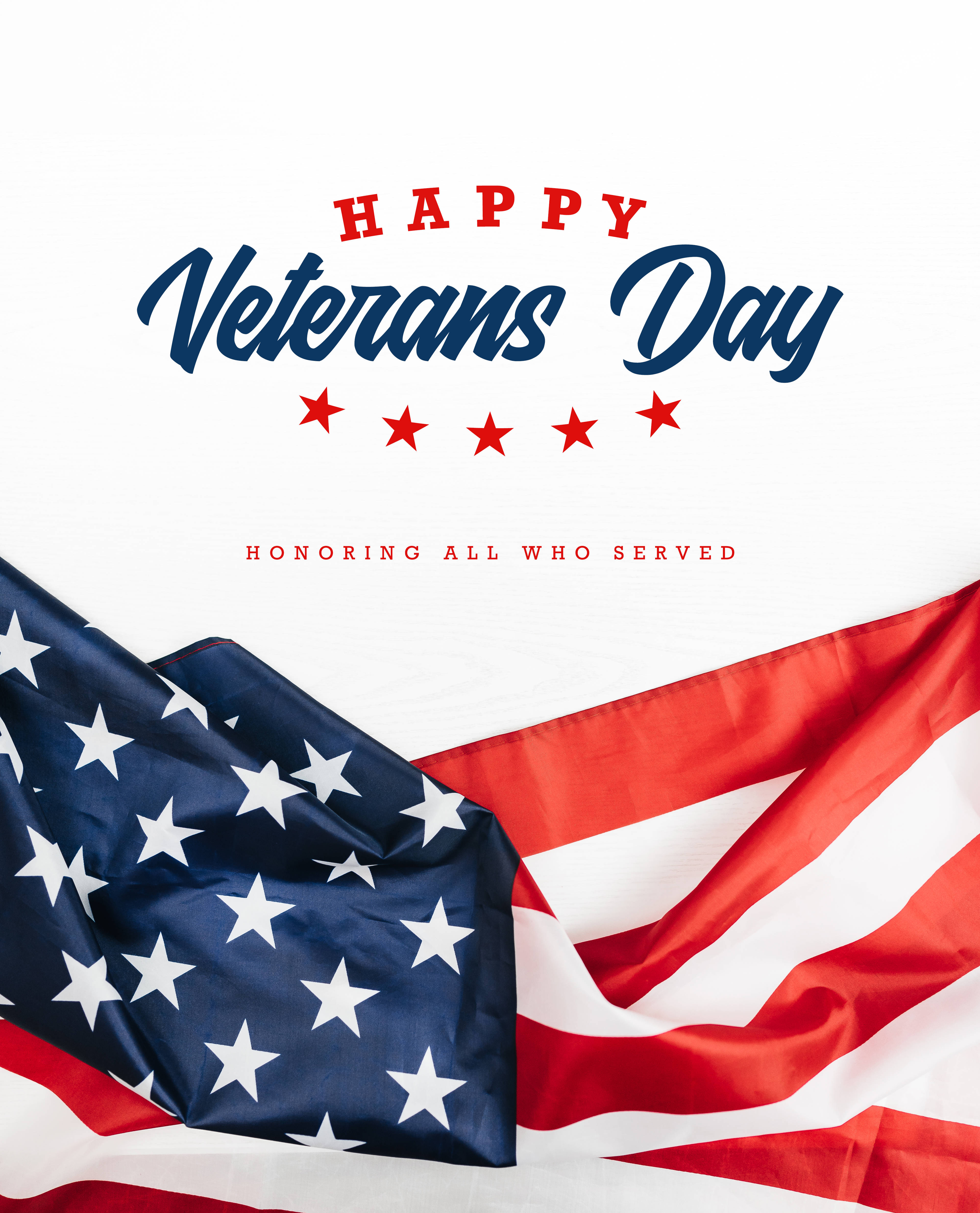 4K iPhone 11 桌布 壁紙 — 美國國旗斜角懸掛，附有「Happy Veterans Day」文字，向所有服役者致敬。