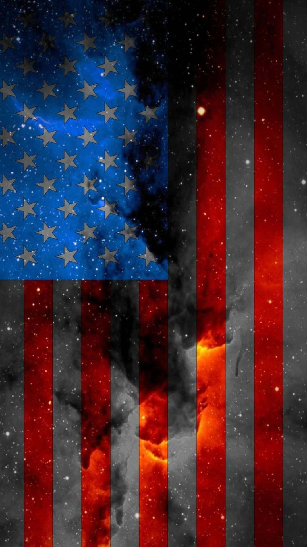 USA flag iPhone 桌布 壁紙 — 美國國旗的星星和條紋呈現為宇宙星雲，帶有火紅和深藍色的星場。