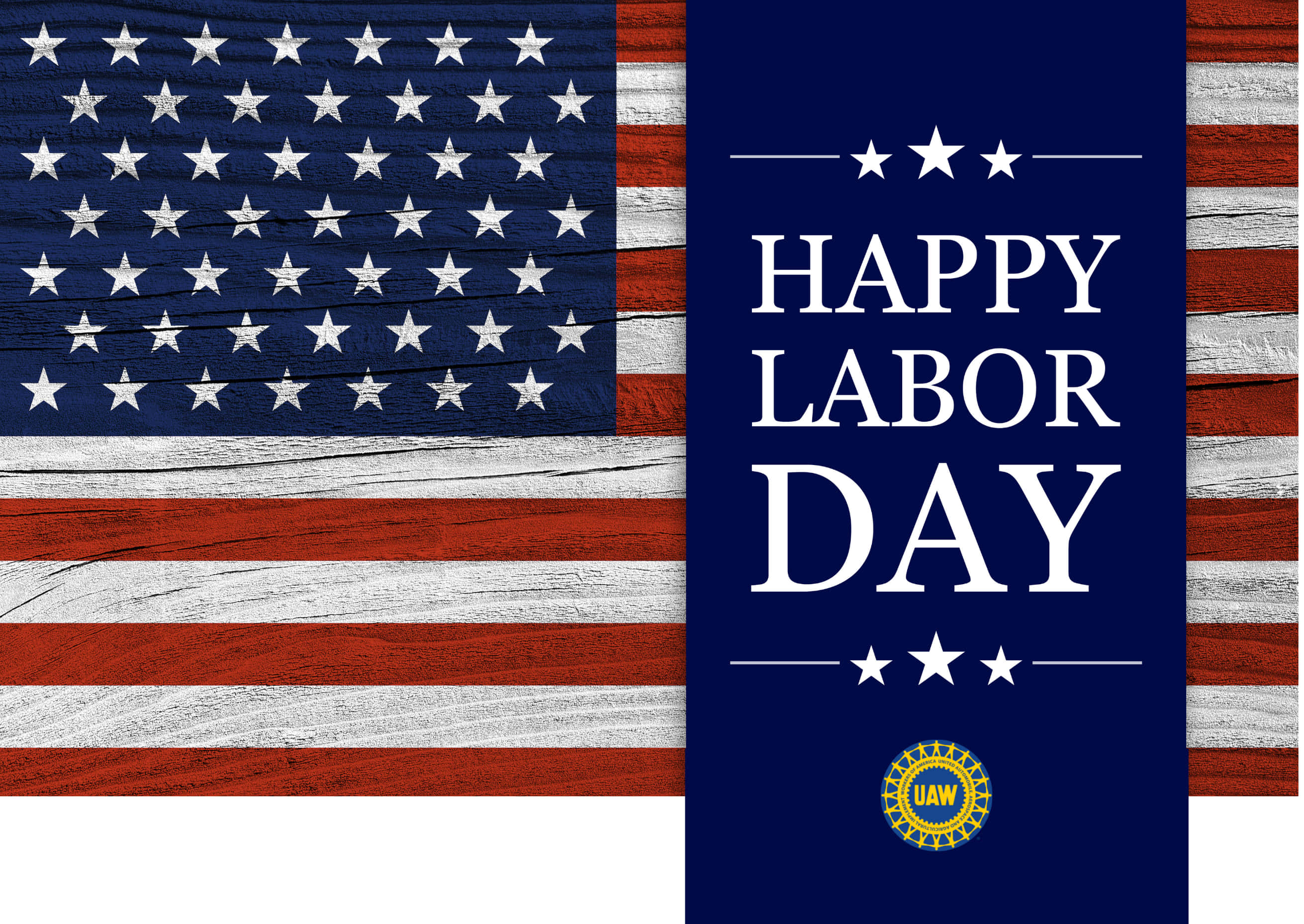 勞動節 桌布 壁紙 — 美國國旗繪在風化木上，帶有「Happy Labor Day」文字和藍色面板上的UAW標誌。