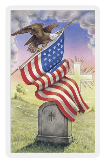 Memorial Day 桌布 壁紙 — 美國國旗覆蓋在墓碑上，一隻白頭鷹棲息在頂部，握著旗杆，背景是陰天。