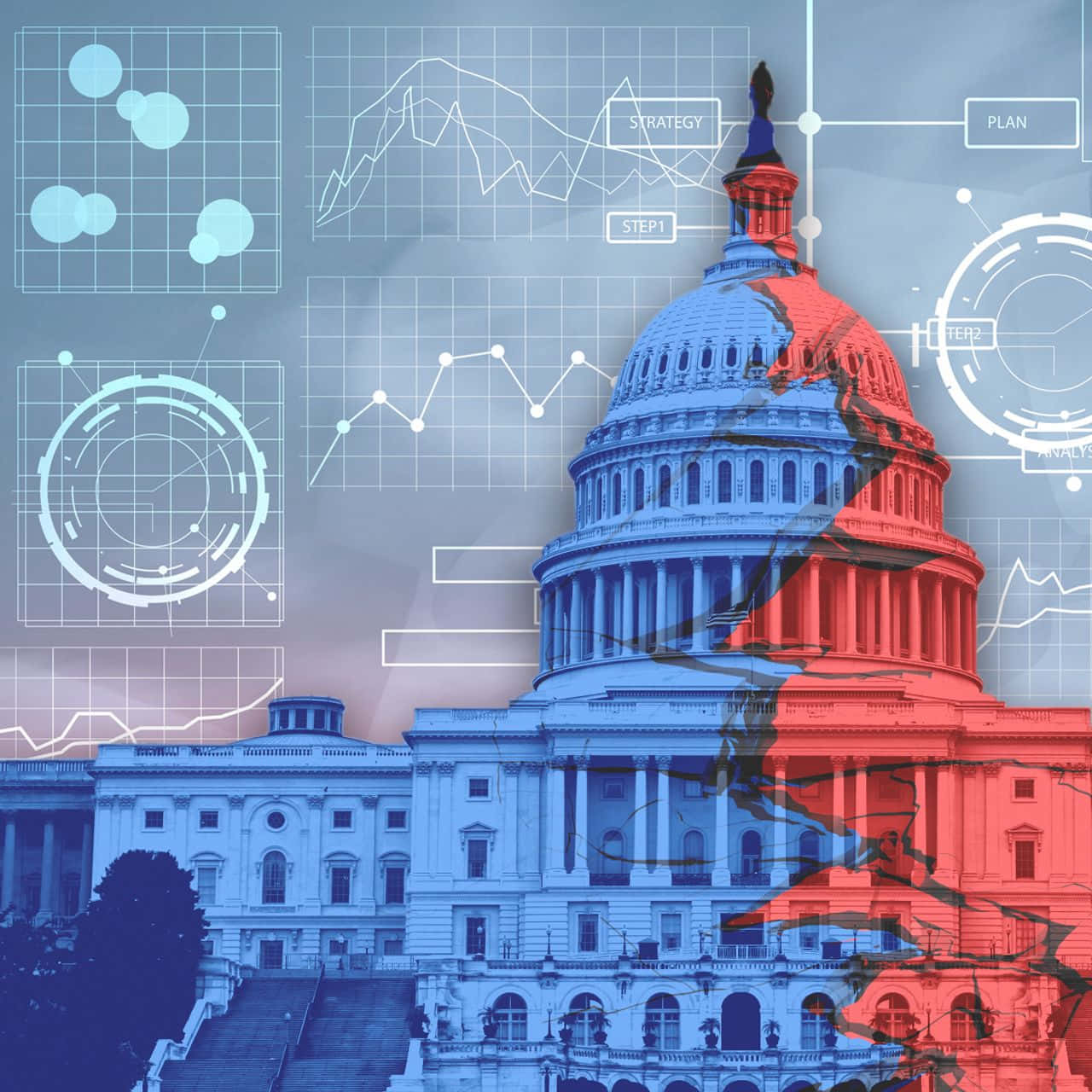 Republican 桌布 壁紙 — 美國國會大廈分成兩半，藍色和紅色的一半上覆蓋著發光的數據可視化和戰略標籤。