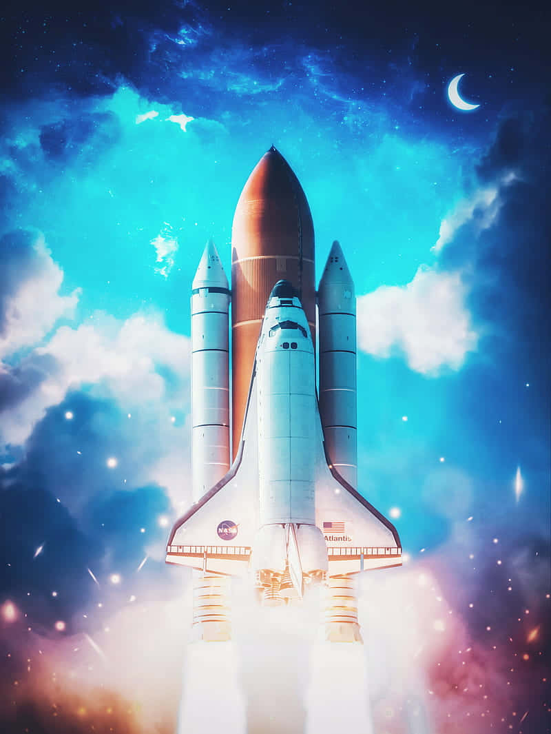 火箭 桌布 壁紙 — 美國太空總署的亞特蘭提斯號太空梭發射到充滿活力的藍色天空，伴隨著新月和發光的雲彩。