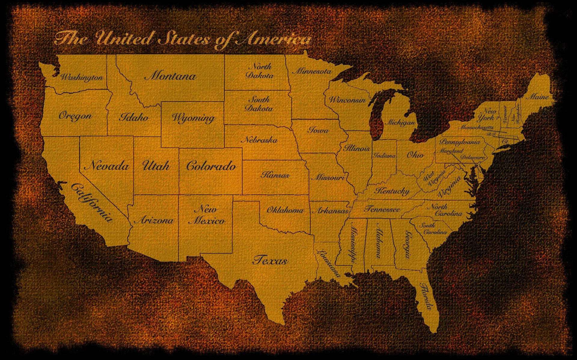 United States Map 桌布 壁紙 — 美國復古紋理地圖，以溫暖金色色調呈現，背景為深色質樸風格。