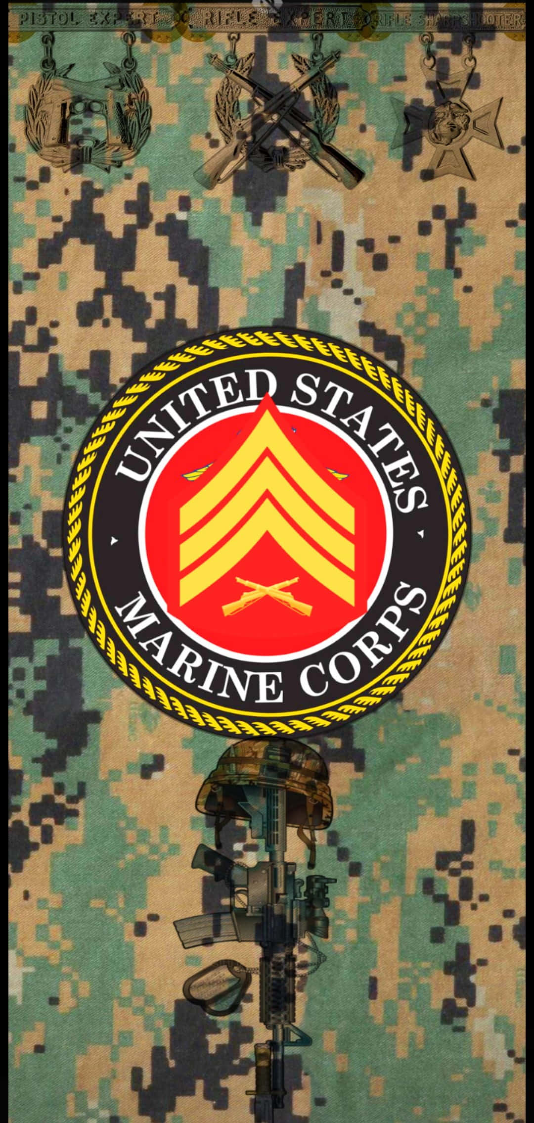 US Marines 桌布 壁紙 — 美國海軍陸戰隊徽章，帶有交叉步槍和頭盔，背景為數位迷彩。