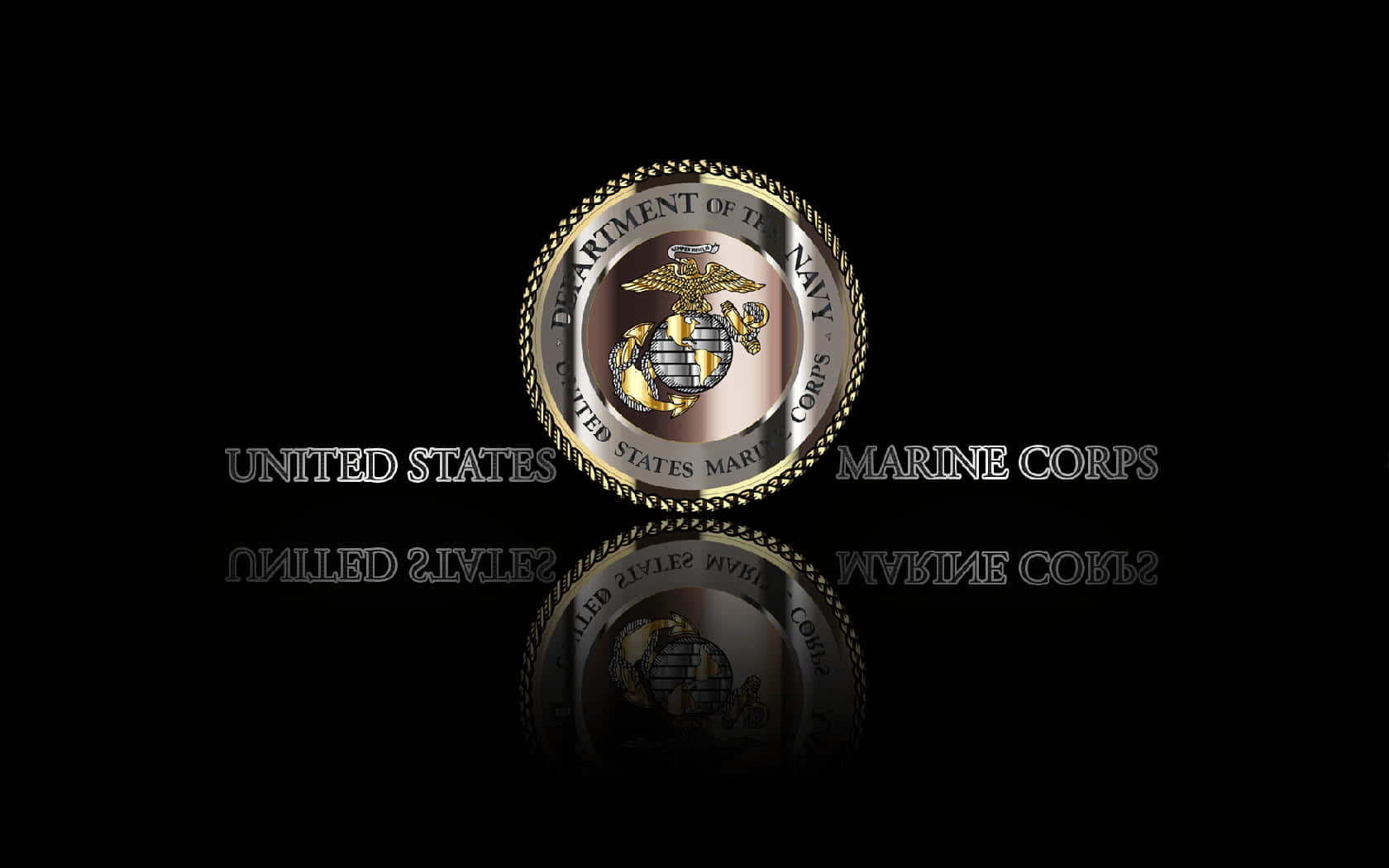 US Marines 桌布 壁紙 — 美國海軍陸戰隊徽章在黑色背景上閃耀著金色和銀色，並帶有鏡面反射效果。