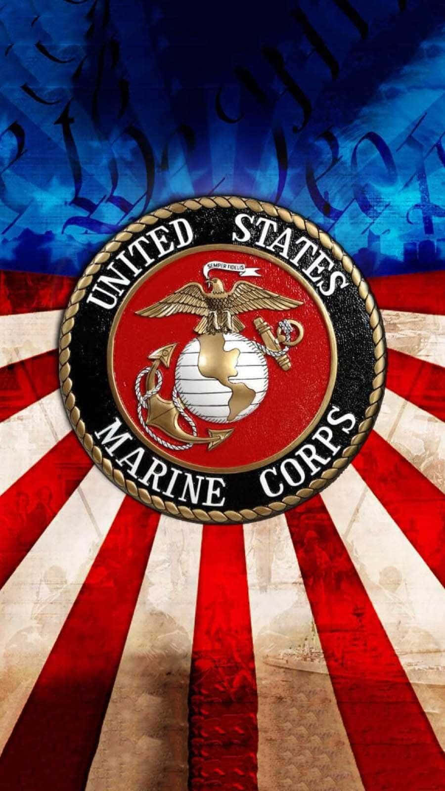 Usmc 桌布 壁紙 — 美國海軍陸戰隊徽章居中放置於帶有紋理的紅白藍放射狀背景上，並配有愛國星星。