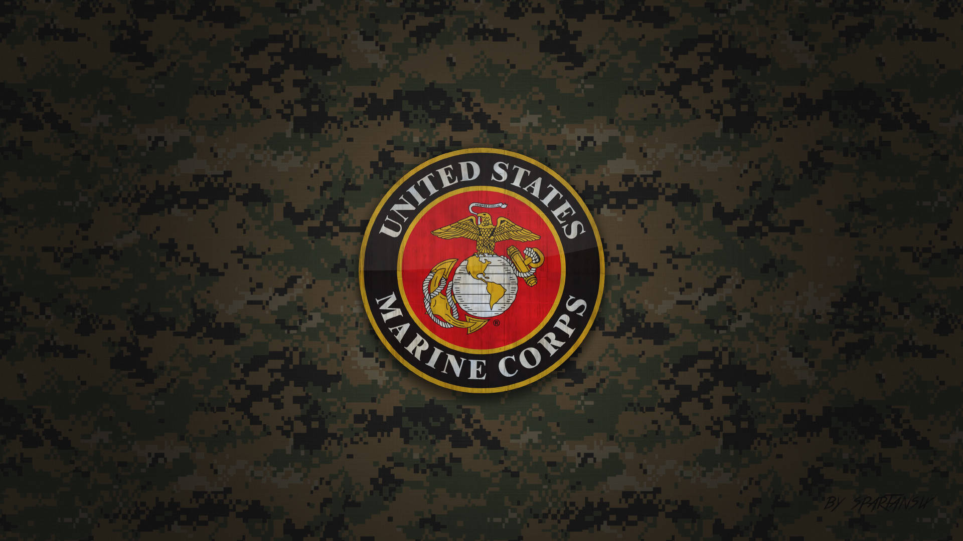 Marine 桌布 壁紙 — 美國海軍陸戰隊徽章居中於數位迷彩背景上，搭配大膽的紅色、金色和黑色。