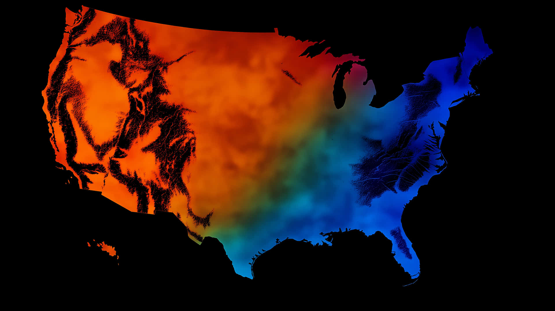 Abstract Map Representing Temperature Variations Across a Nation 壁紙 — 美國的剪影，填充了從火熱橙色到冷藍色的漸變，背景為黑色。