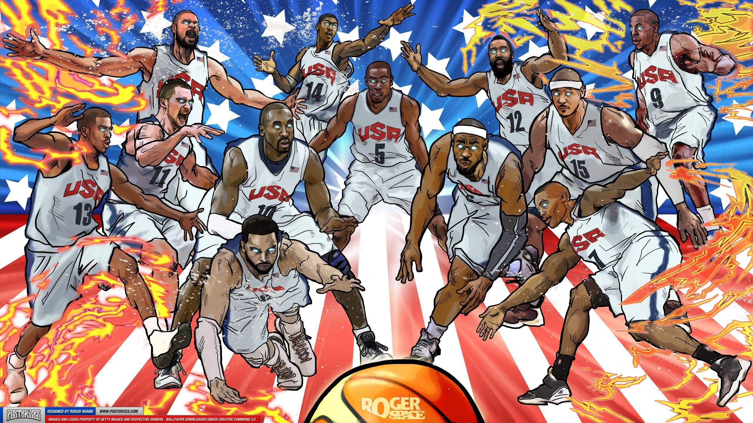 NBA 桌布 壁紙 — 美國籃球隊球員身穿白色球衣，在熾熱的美國國旗背景下充滿活力地擺出姿勢的動態插圖。