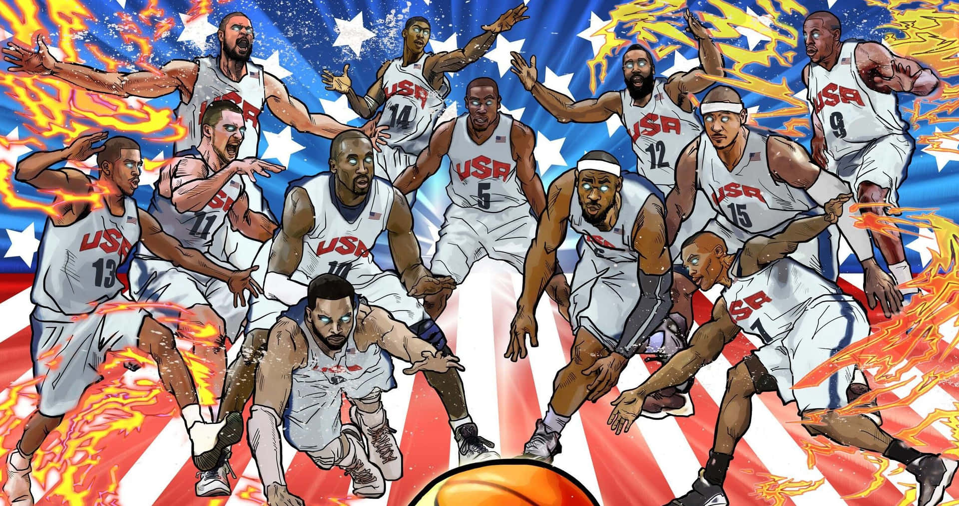 美國籃球隊球員在熾熱的國旗背景下行動。 — NBA 壁紙