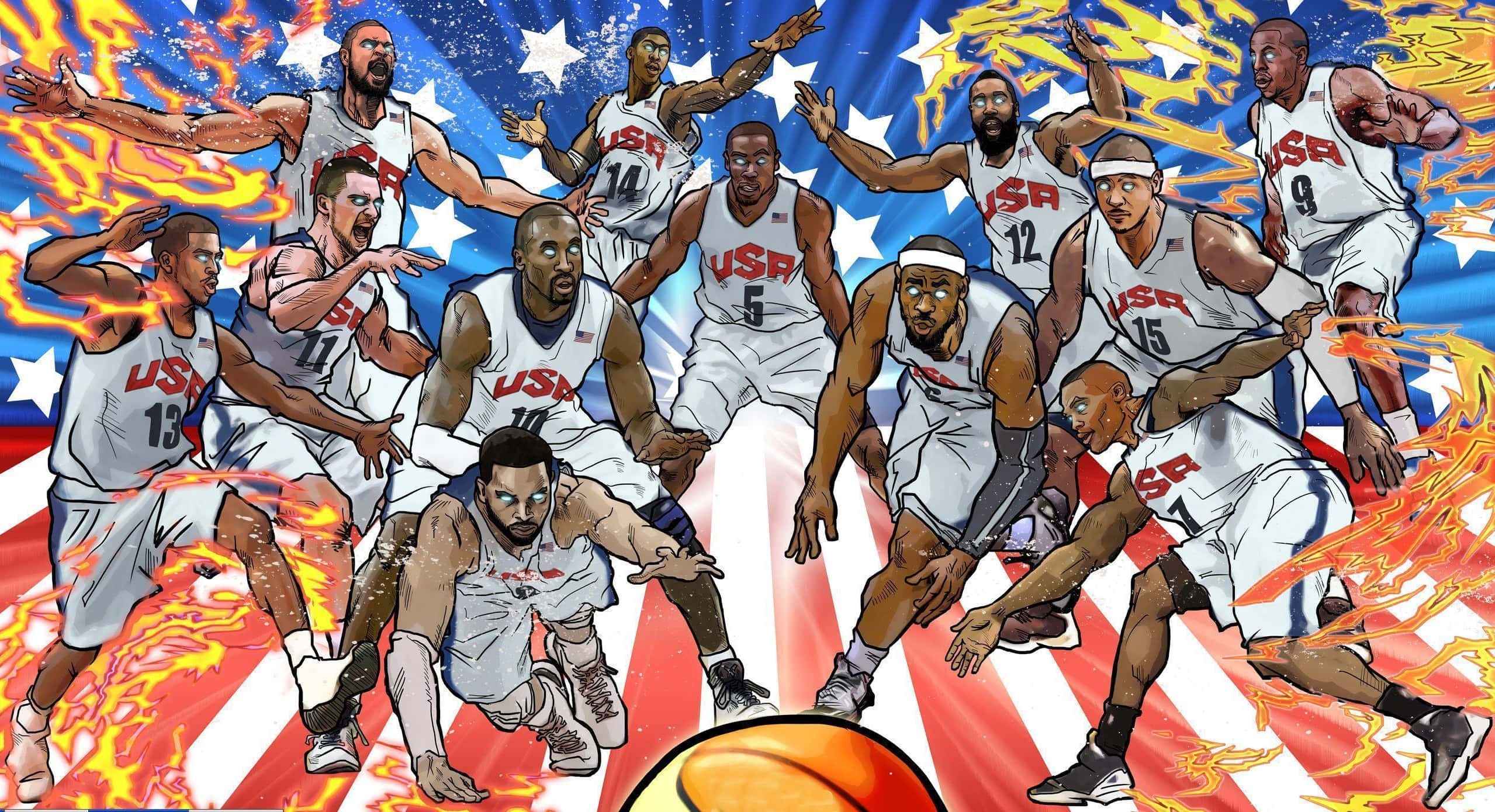 ball 桌布 壁紙 — 美國籃球隊球員身穿白色球衣，在美國國旗背景下展現火熱能量的動態插圖。