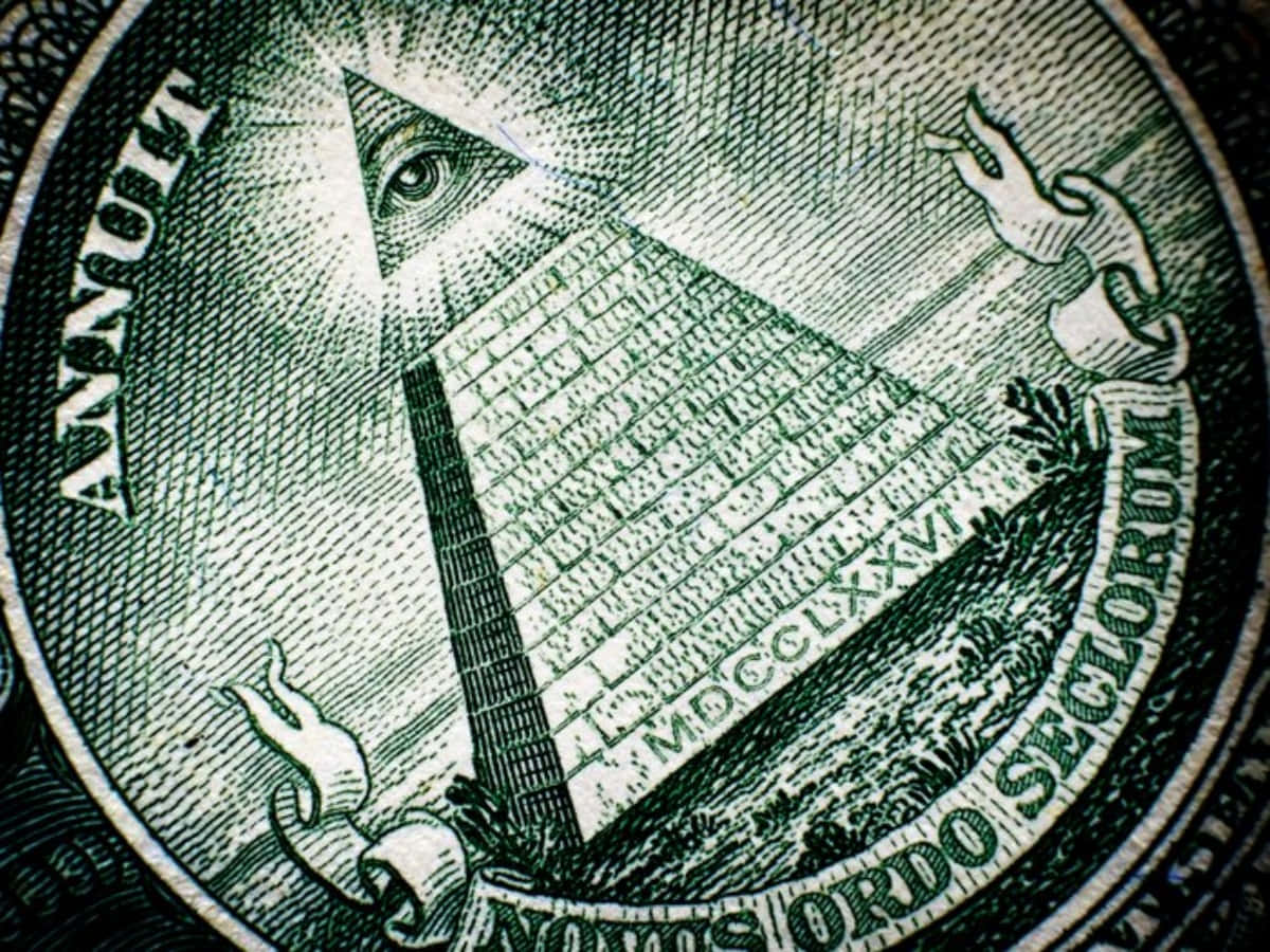 illuminati 桌布 壁紙 — 美國美元紙幣上的普羅維登斯之眼特寫，帶有精細雕刻和綠色墨水。