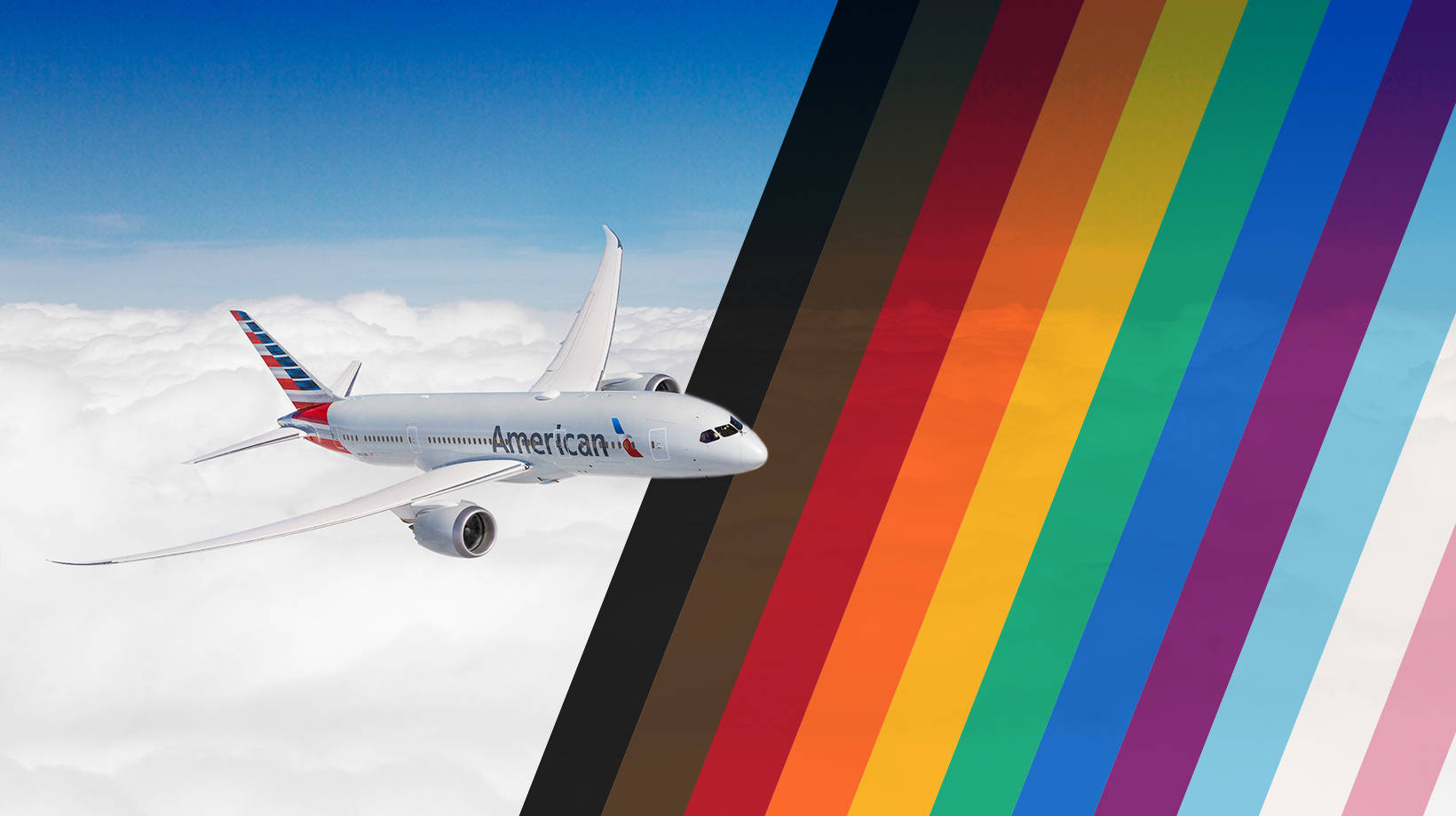 Airlines 桌布 壁紙 — 美國航空飛機在藍天中翱翔於雲層之上，旁邊有醒目的彩虹條紋圖案。