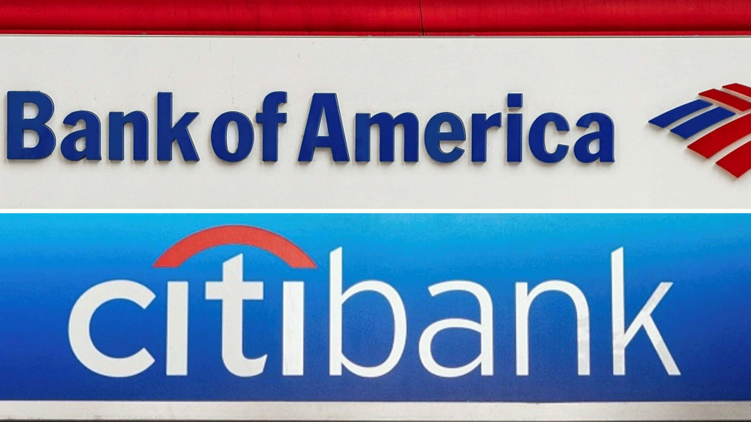 Bank Of America 桌布 壁紙 — 美國銀行和花旗銀行標誌並排展示在建築物外牆的特寫，色彩鮮明，字體簡潔。