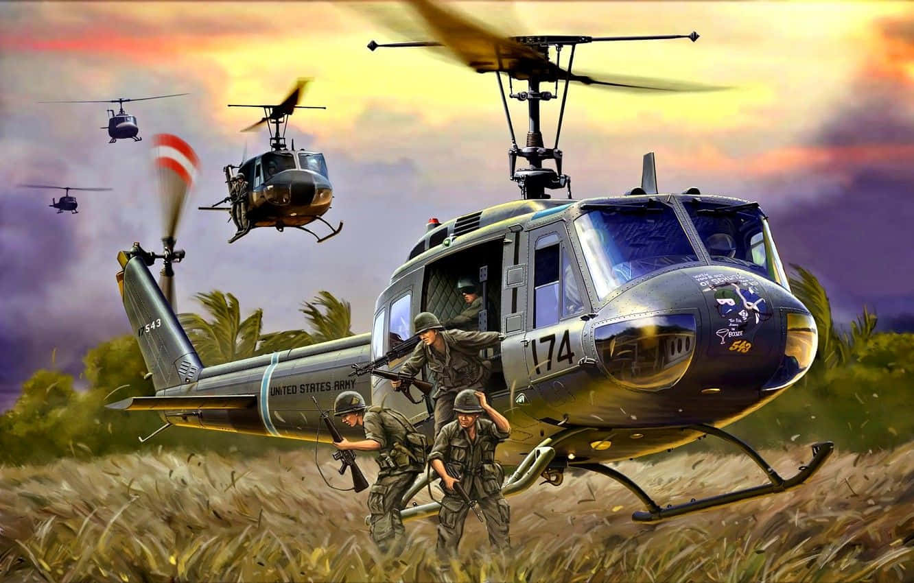 草地 桌布 壁紙 — 美國陸軍直升機在熱帶田野上空盤旋，士兵們在日落時分下機。
