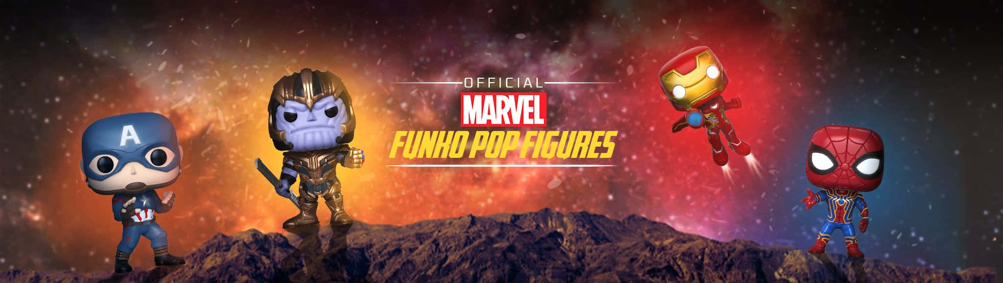 Iron Man Pop Figures 桌布 壁紙 — 美國隊長、薩諾斯、鋼鐵人和蜘蛛人的Funko Pop人偶站在岩石行星上，背景是宇宙星雲。