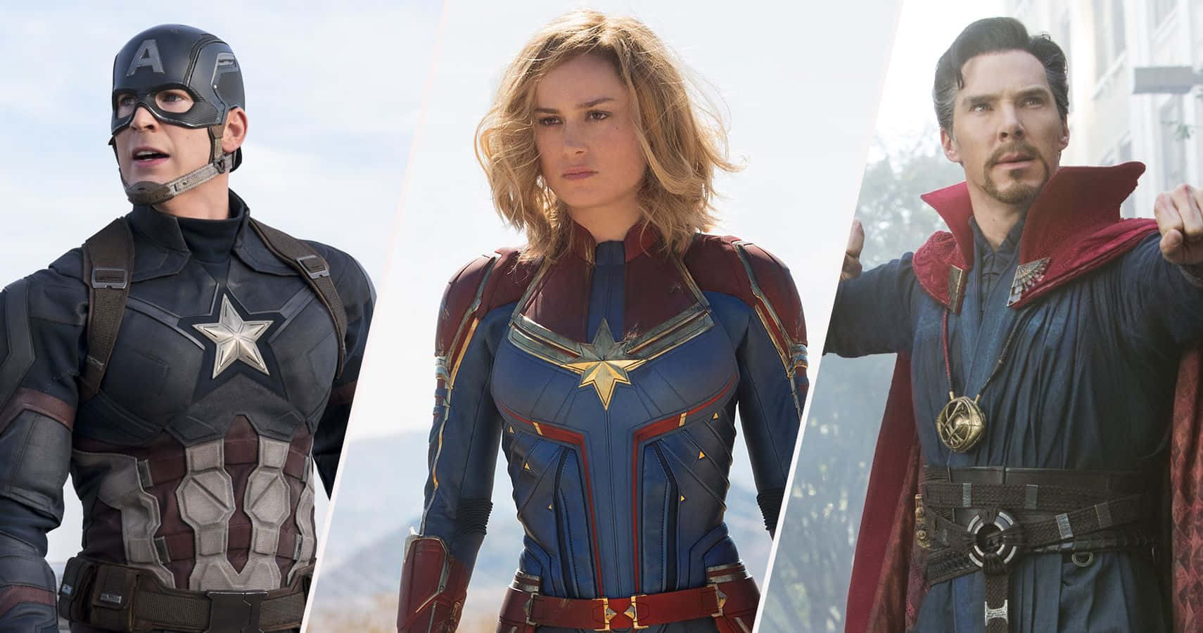 Mcu Phase Three 桌布 壁紙 — 美國隊長、驚奇隊長和奇異博士以三聯畫構圖英勇地站在明亮的天空前。