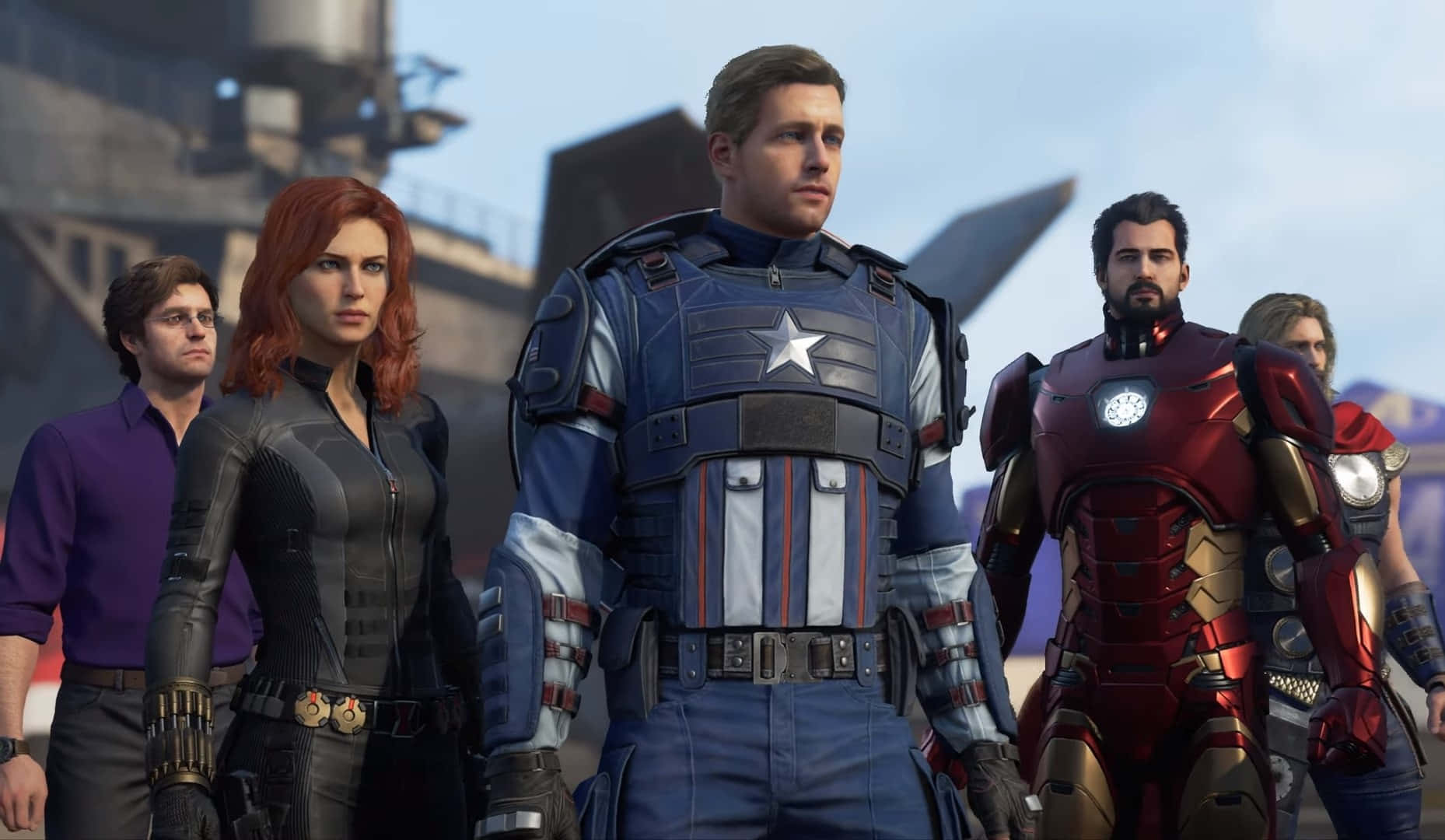 Superhero Video Games 桌布 壁紙 — 美國隊長、黑寡婦和鋼鐵人與隊友一起站在電影般的超級英雄團體肖像中。