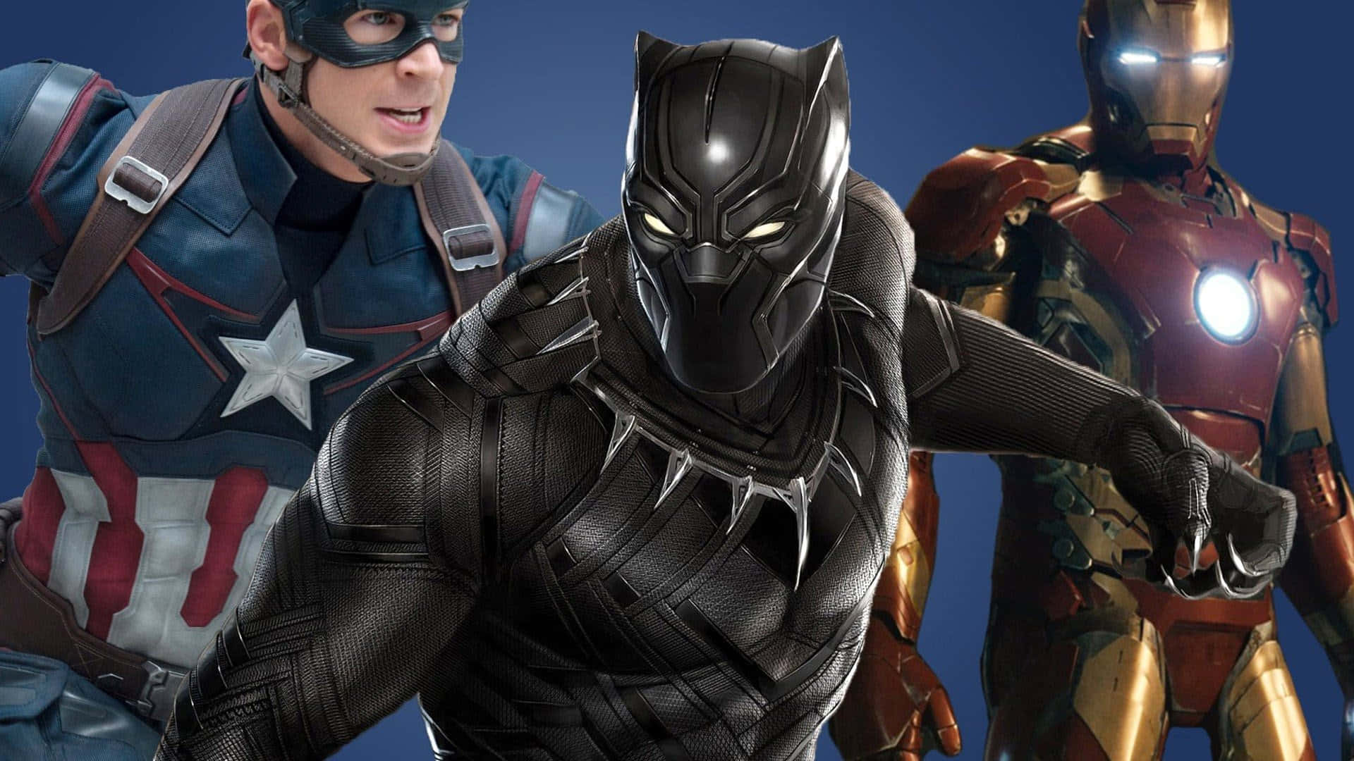 HD Captain America 桌布 壁紙 — 美國隊長、黑豹和鋼鐵人以英雄姿態站在純藍色背景前。