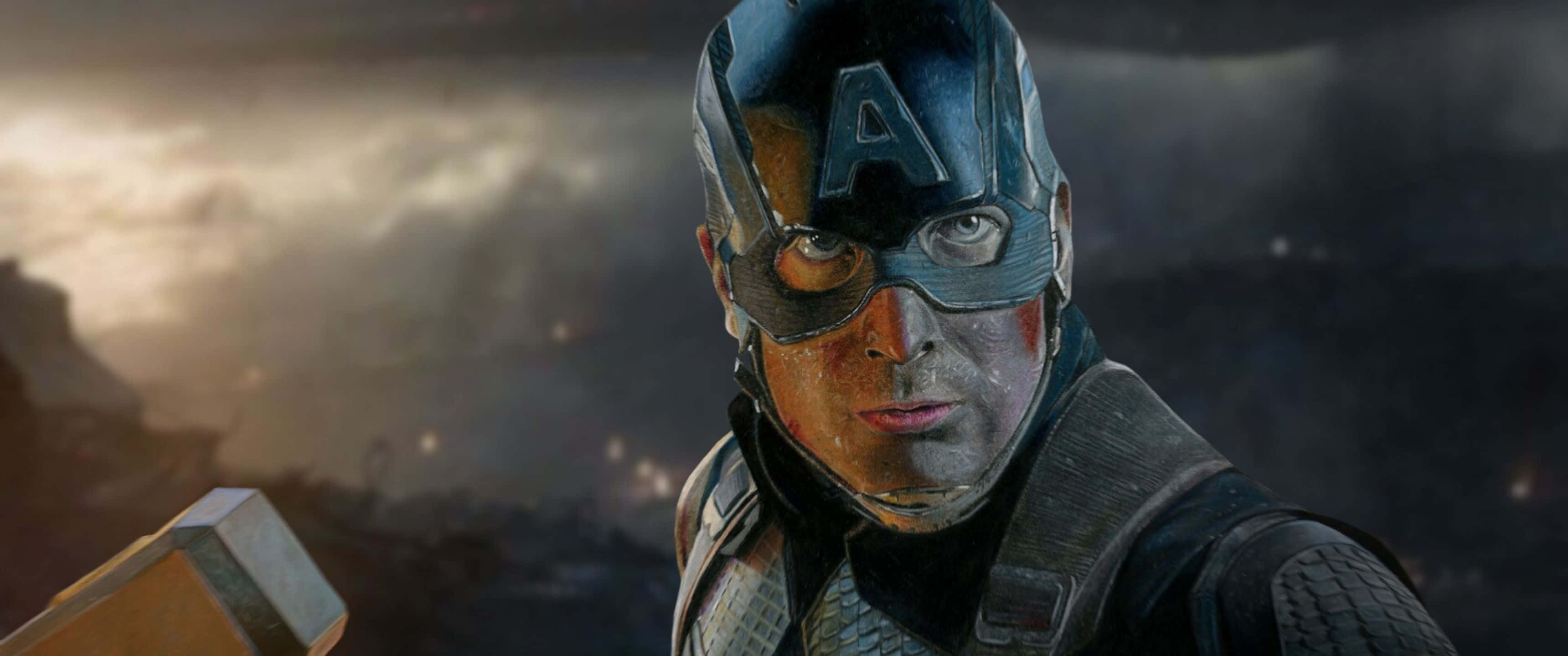 3440x1440p Captain America 桌布 壁紙 — 美國隊長以一張飽經戰火的臉孔，在煙霧瀰漫的戰場背景下專注地凝視。
