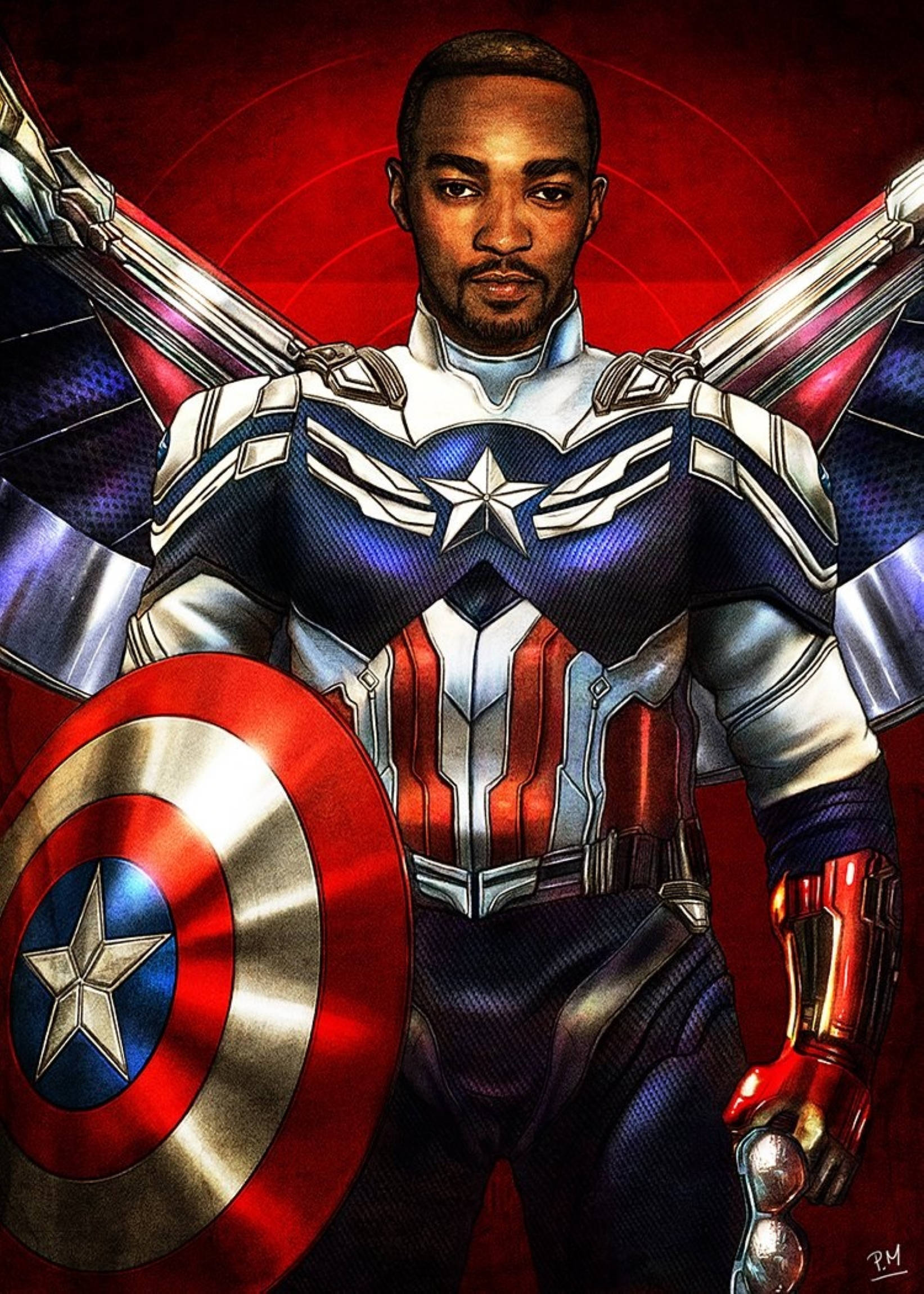 Anthony Mackie 桌布 壁紙 — 美國隊長以他標誌性的紅白藍戰衣，手持盾牌，英勇地站在大膽的紅色背景前。
