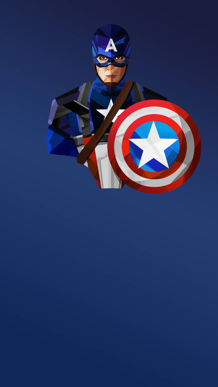 Captain America iPhone 桌布 壁紙 — 美國隊長以低多邊形風格站立，手持標誌性盾牌，背景為深藍色漸變。