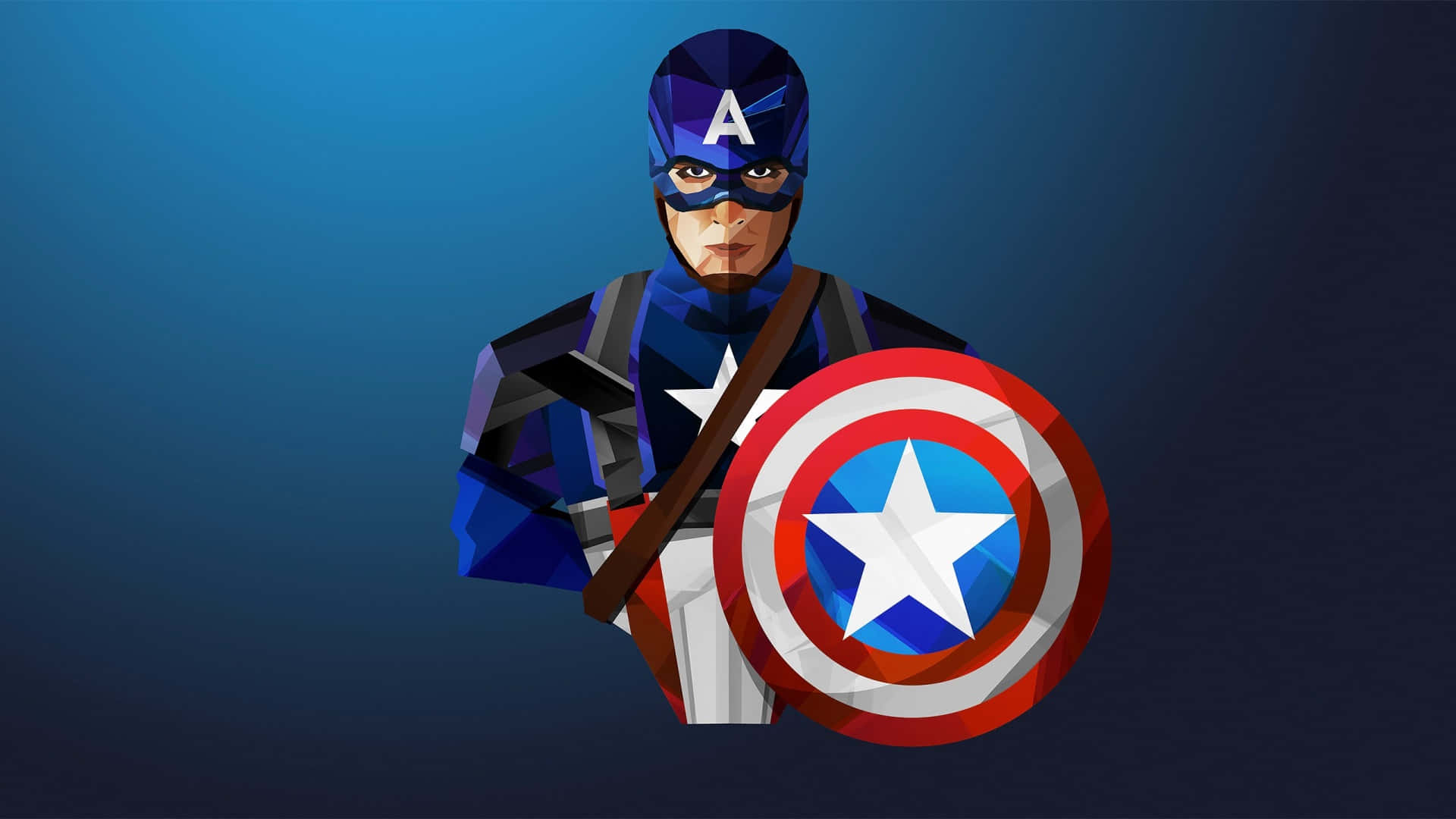 HD Captain America 桌布 壁紙 — 美國隊長以低多邊形風格站立，手持標誌性盾牌，背景為藍色漸變。