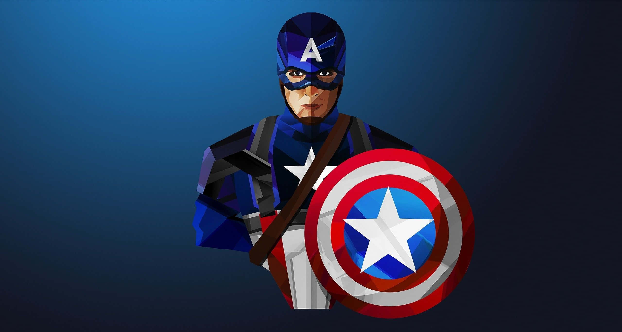 Captain America Cool 桌布 壁紙 — 美國隊長以低多邊形風格站立，手持標誌性盾牌，背景為漸變藍色。