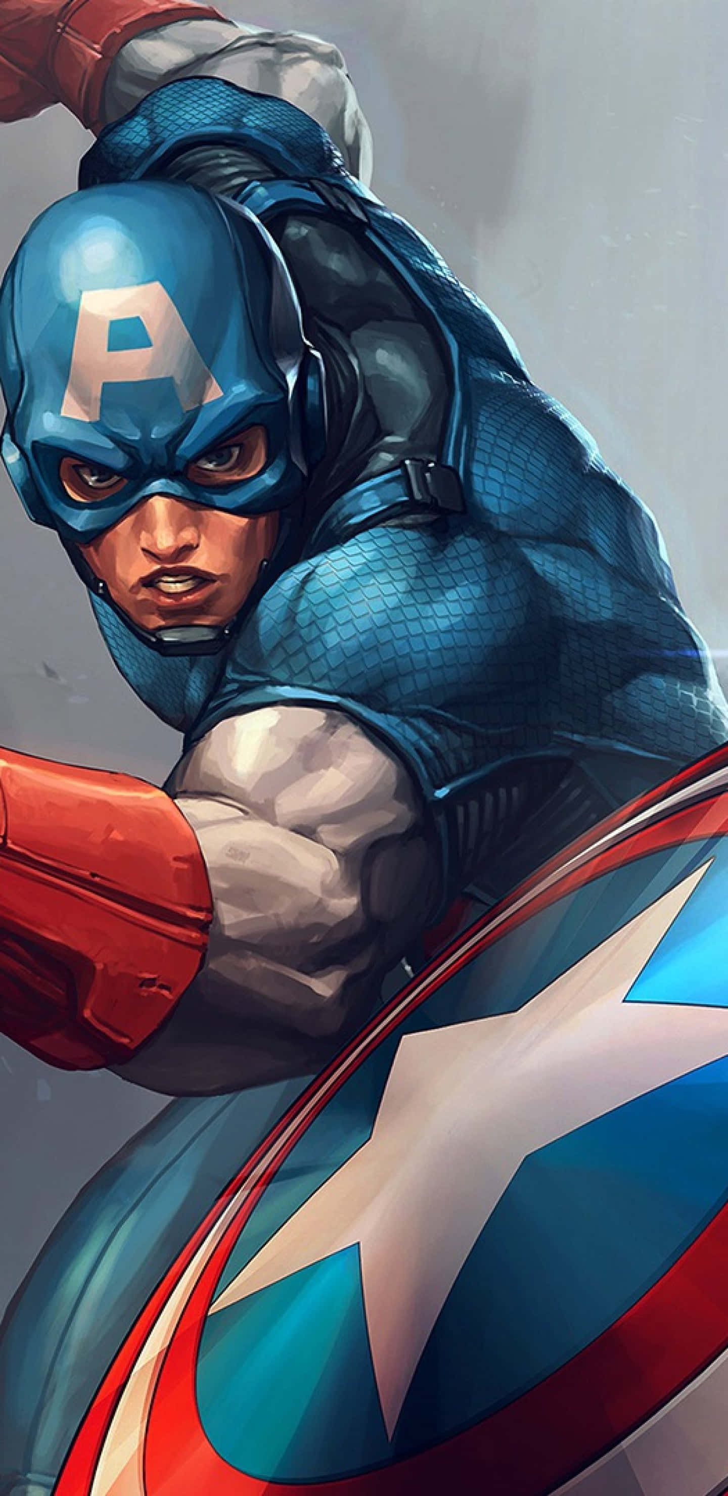 Pixel 3xl Captain America 桌布 壁紙 — 美國隊長以動感姿勢揮舞其標誌性的星條盾牌，神情專注。