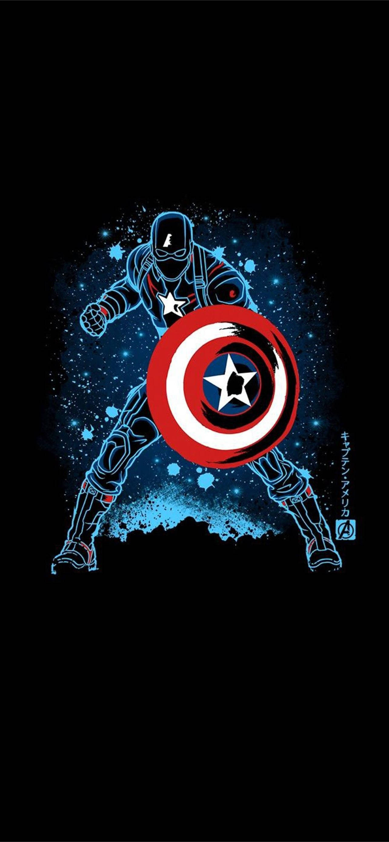 Marvel Captain America 桌布 壁紙 — 美國隊長以動感姿態手持標誌性盾牌，背景是宇宙藍色星空。